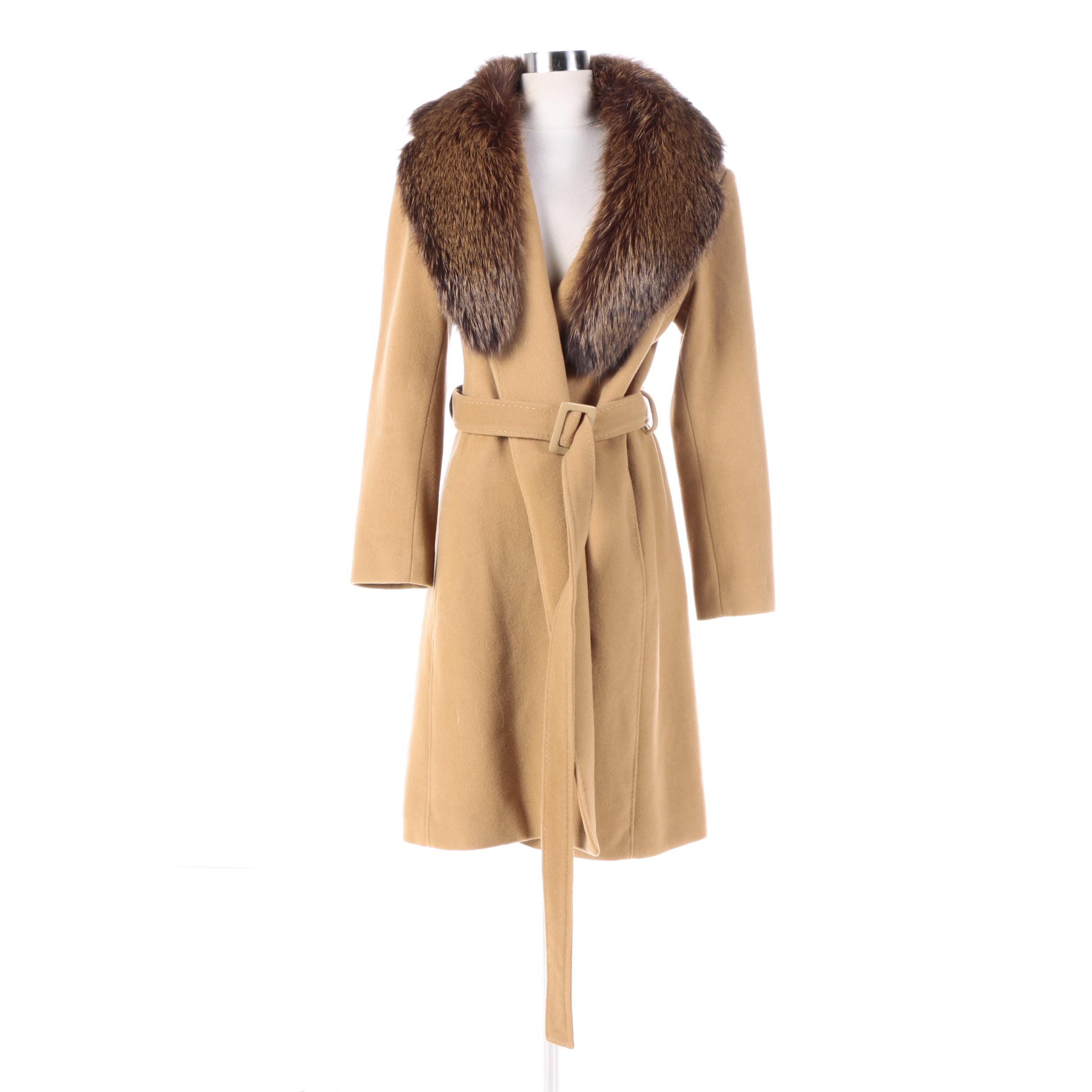 Women's Omón Wool and Cashmere Blend Belted Wrap Coat with Fox Fur Collar