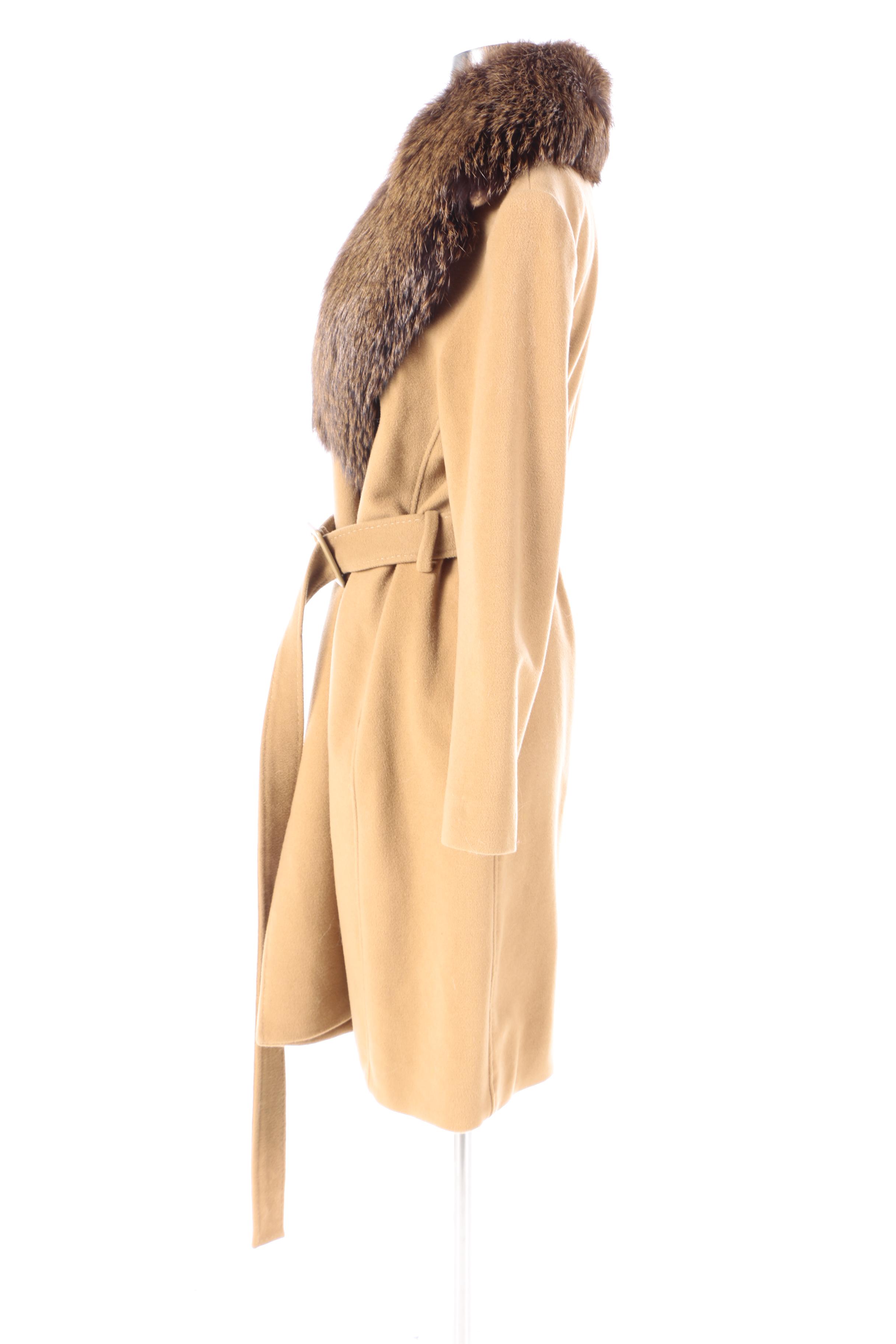 Women's Omón Wool and Cashmere Blend Belted Wrap Coat with Fox Fur Collar