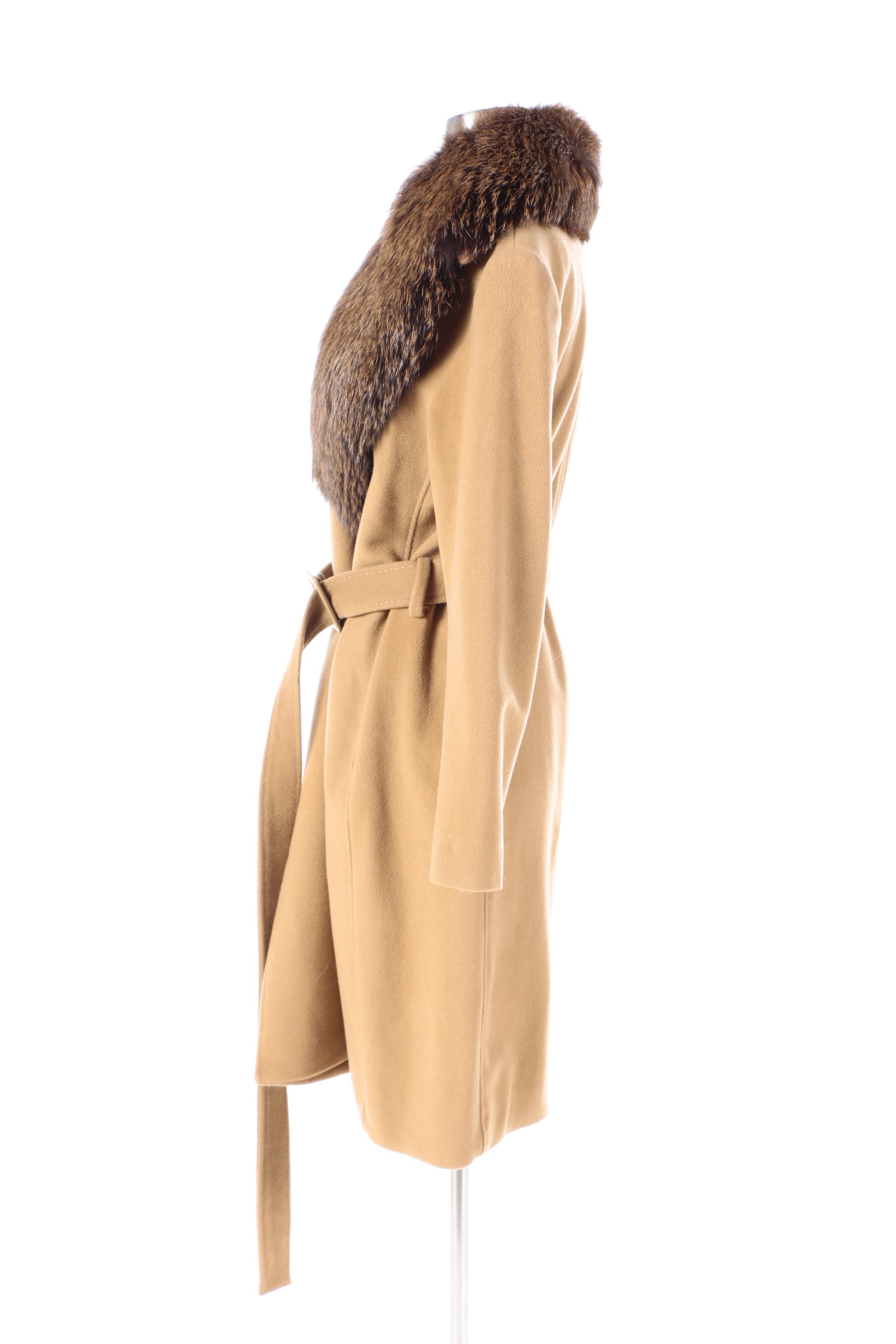Women's Omón Wool and Cashmere Blend Belted Wrap Coat with Fox Fur Collar