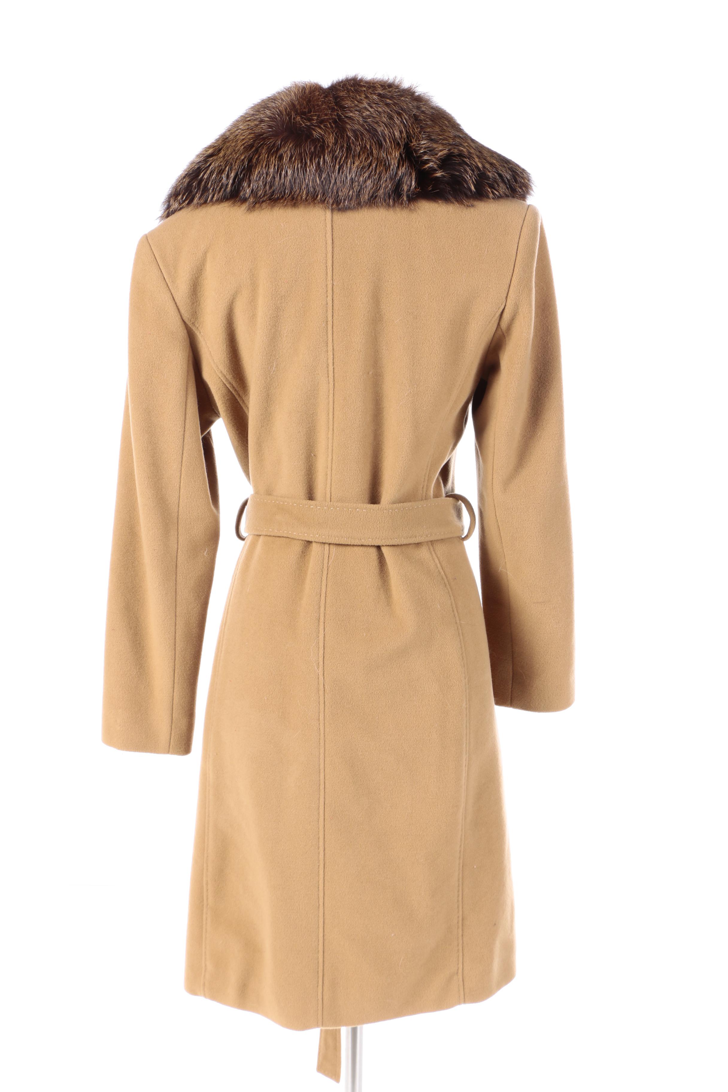 Women's Omón Wool and Cashmere Blend Belted Wrap Coat with Fox Fur Collar