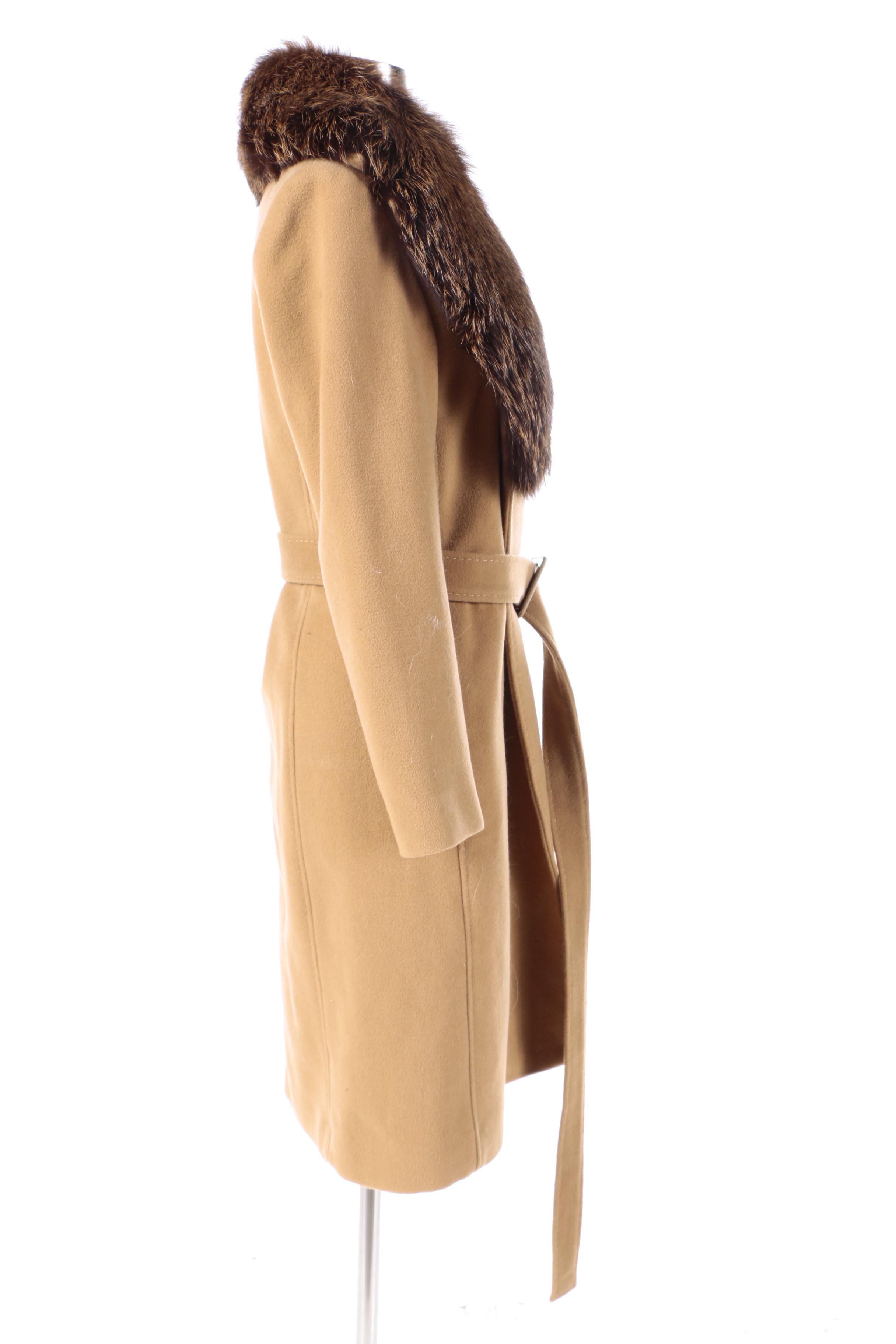 Women's Omón Wool and Cashmere Blend Belted Wrap Coat with Fox Fur Collar