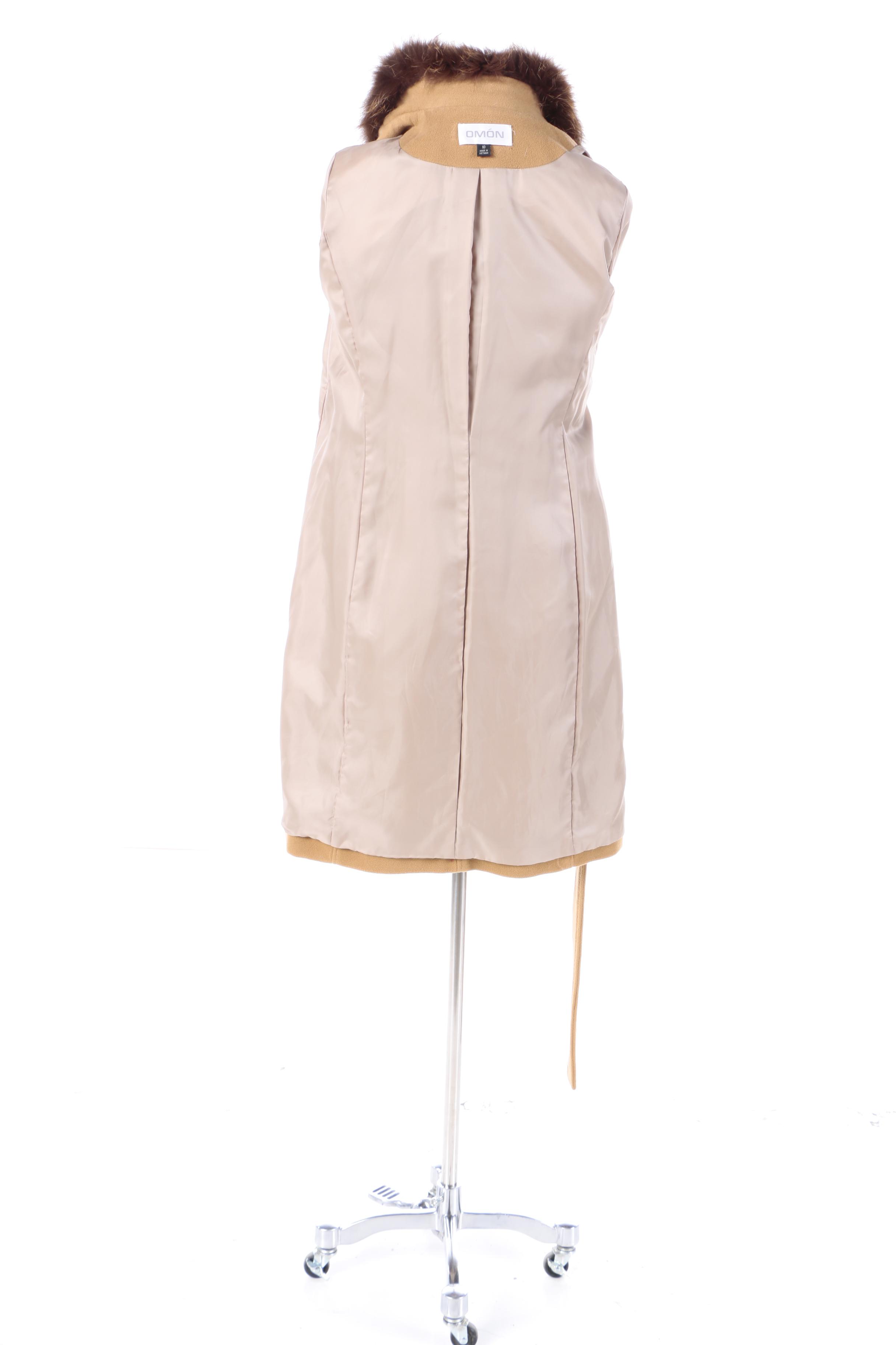 Women's Omón Wool and Cashmere Blend Belted Wrap Coat with Fox Fur Collar