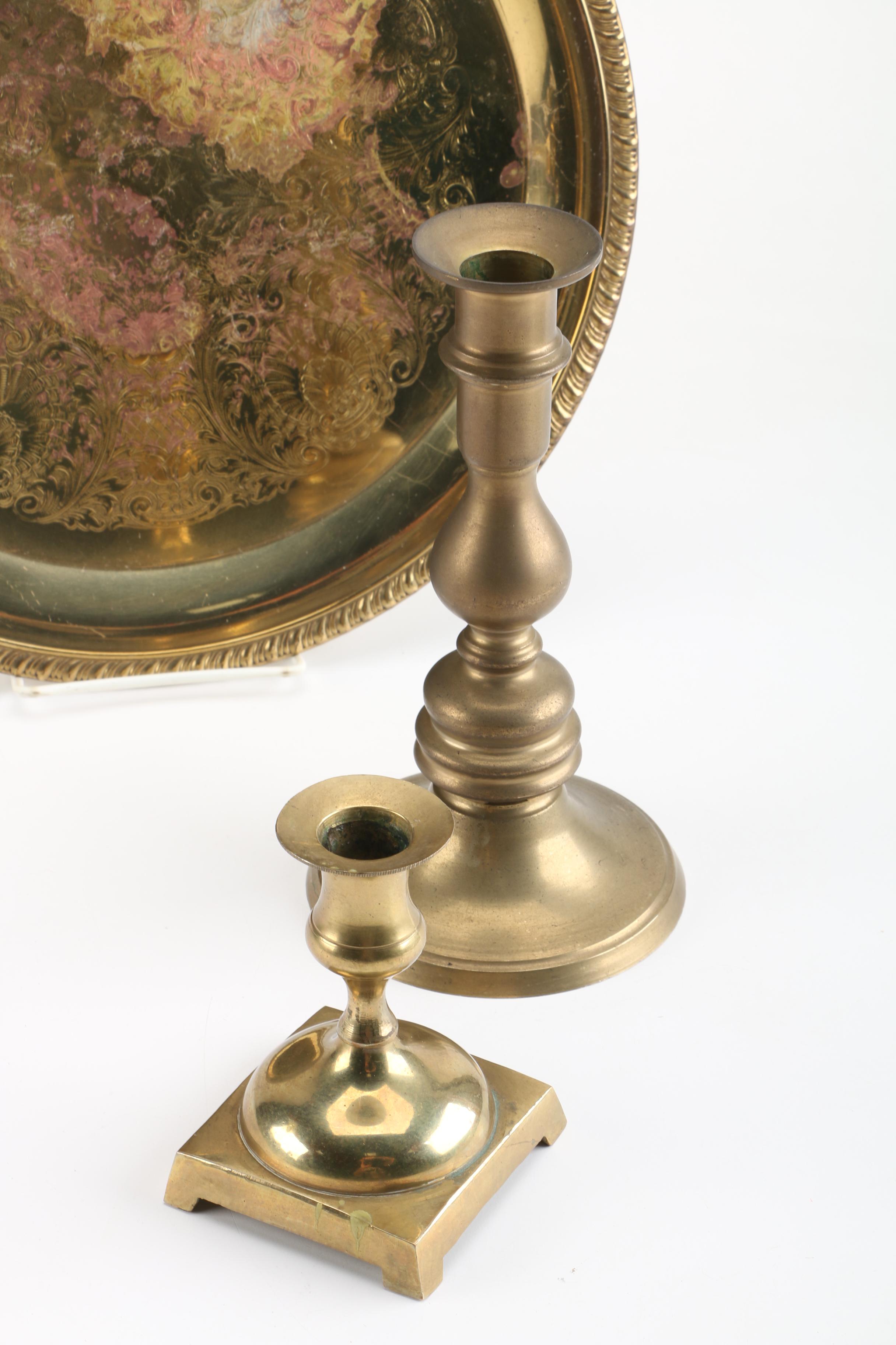Brass Candle Holders and Decor Assortment