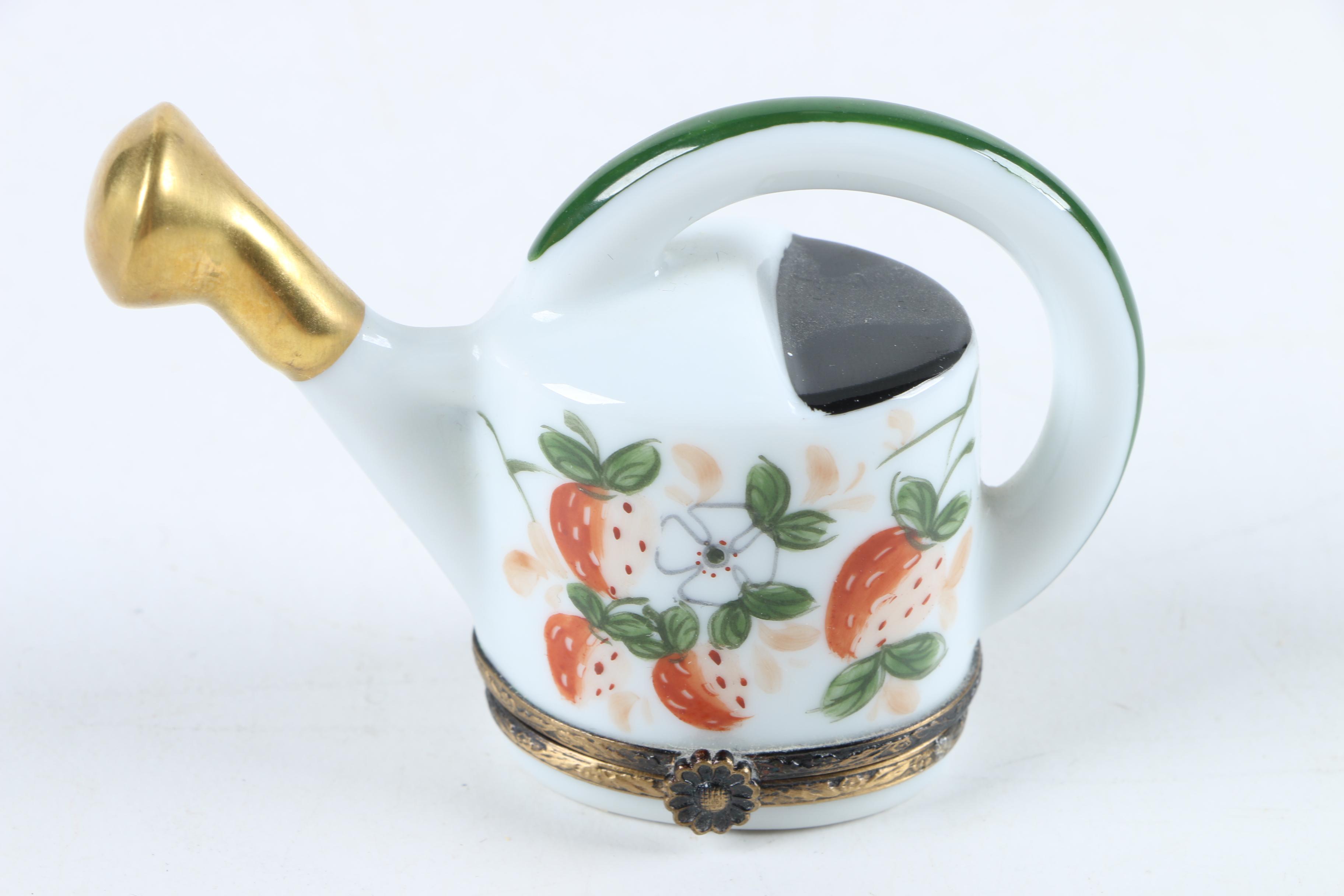 Hand-Painted Limoges Porcelain Watering Can Shaped Trinket Box