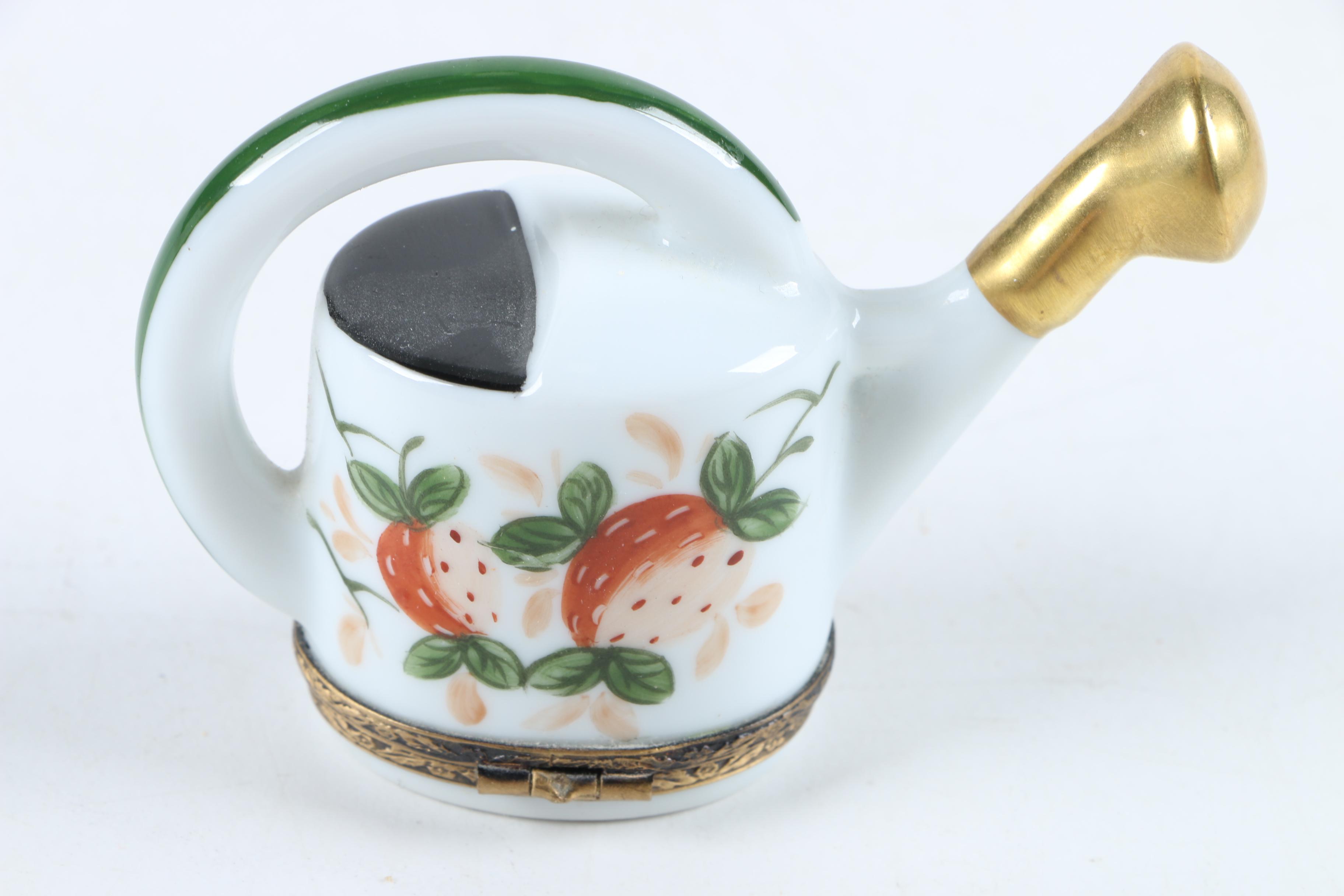 Hand-Painted Limoges Porcelain Watering Can Shaped Trinket Box