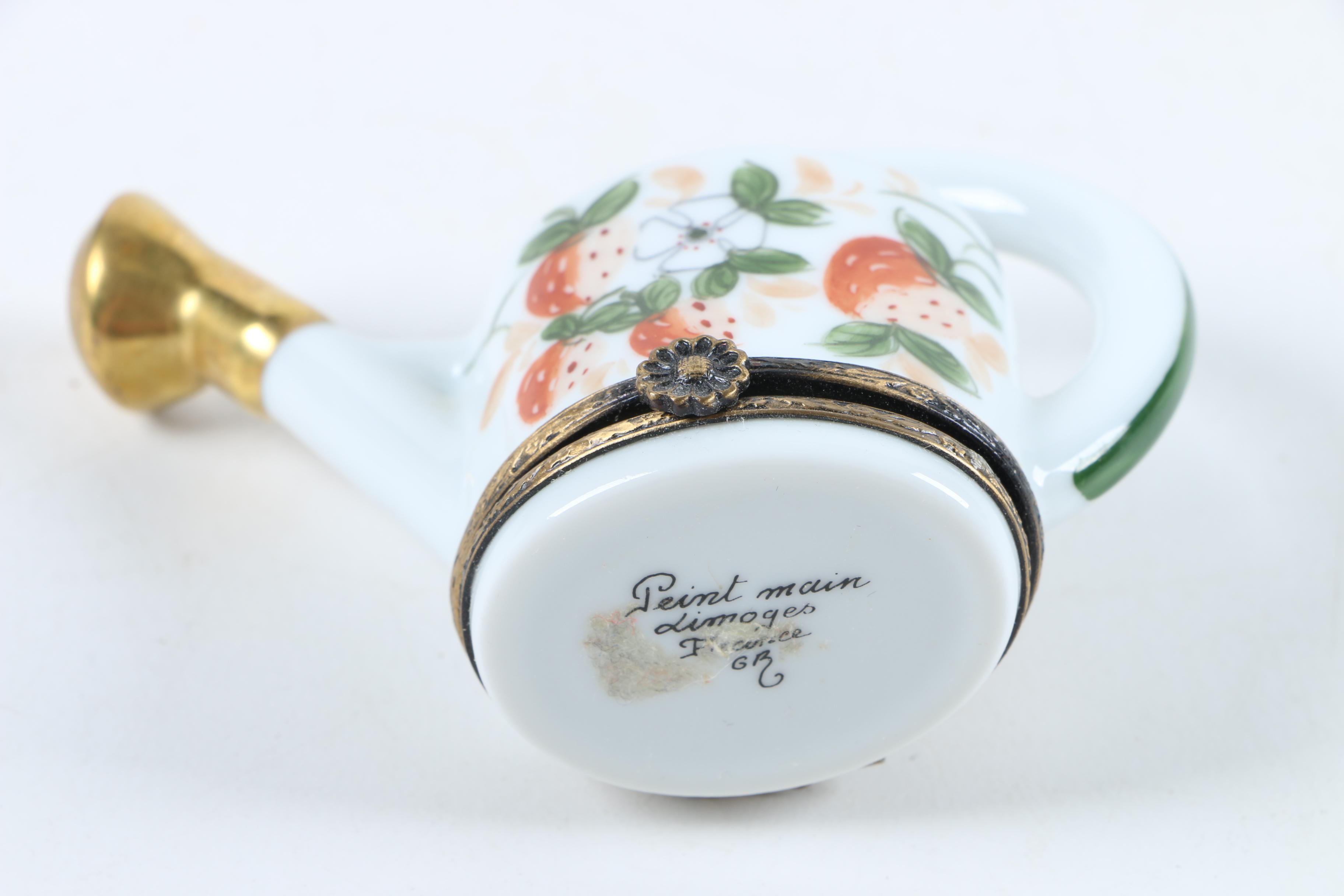 Hand-Painted Limoges Porcelain Watering Can Shaped Trinket Box