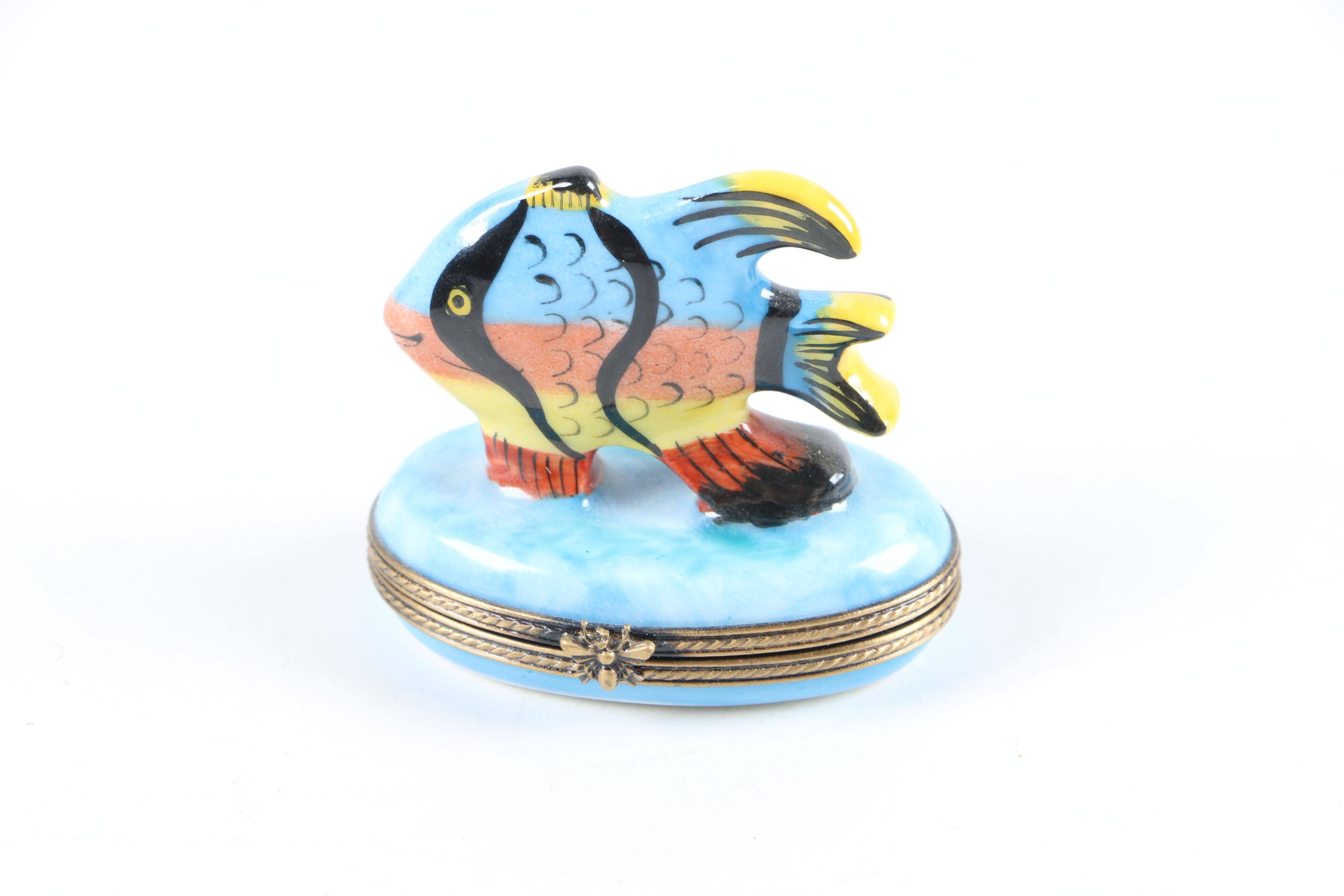 Limoges Hand-Painted Porcelain Trinket Box with Fish Motif