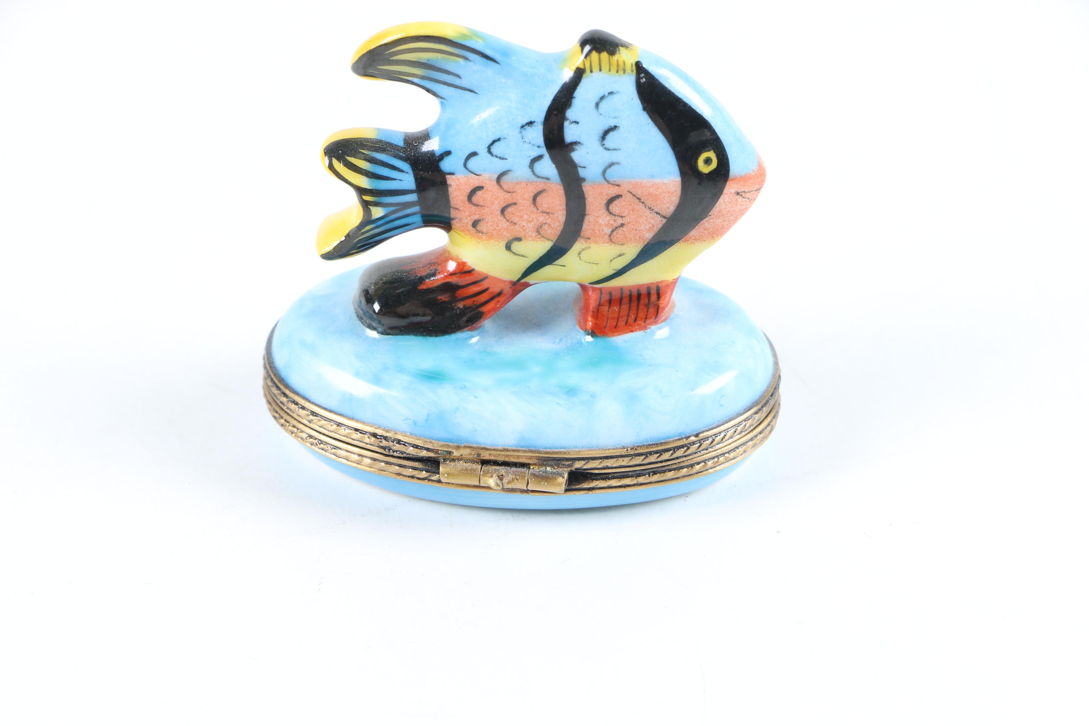 Limoges Hand-Painted Porcelain Trinket Box with Fish Motif