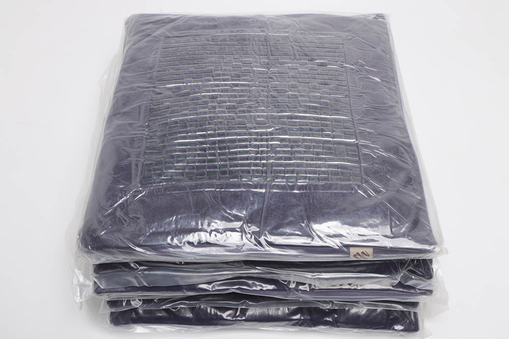 Five Flambro Imports Purple Leather Pillows with Weave Motif Panels