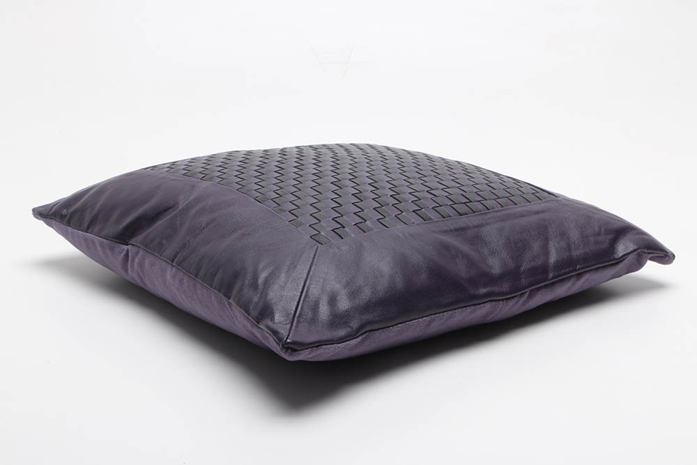 Five Flambro Imports Purple Leather Pillows with Weave Motif Panels