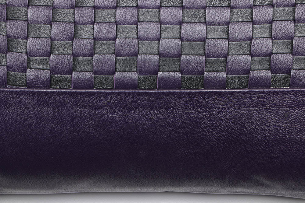Five Flambro Imports Purple Leather Pillows with Weave Motif Panels