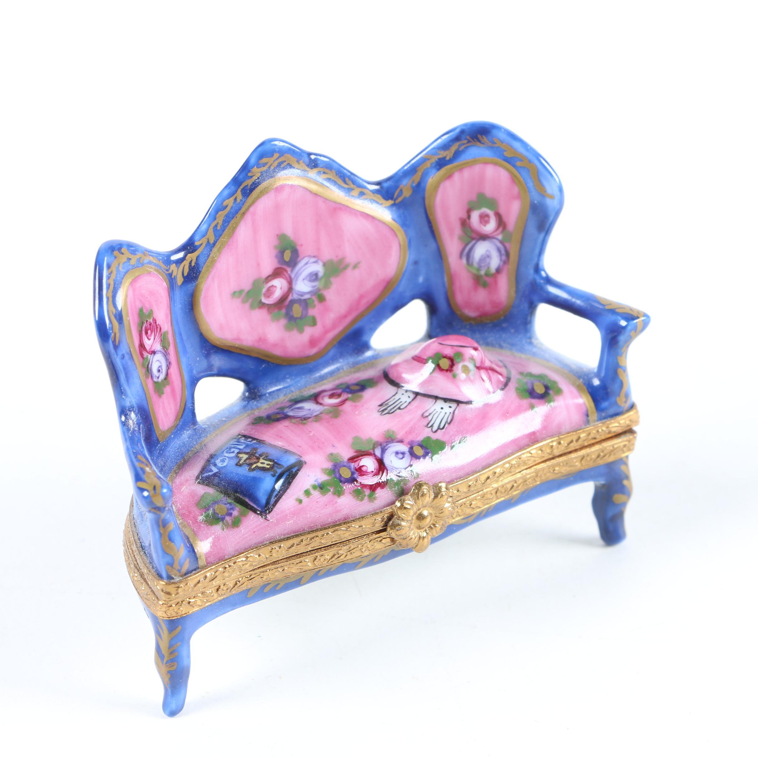 Limoges Hand-Painted Porcelain Settee Trinket Box