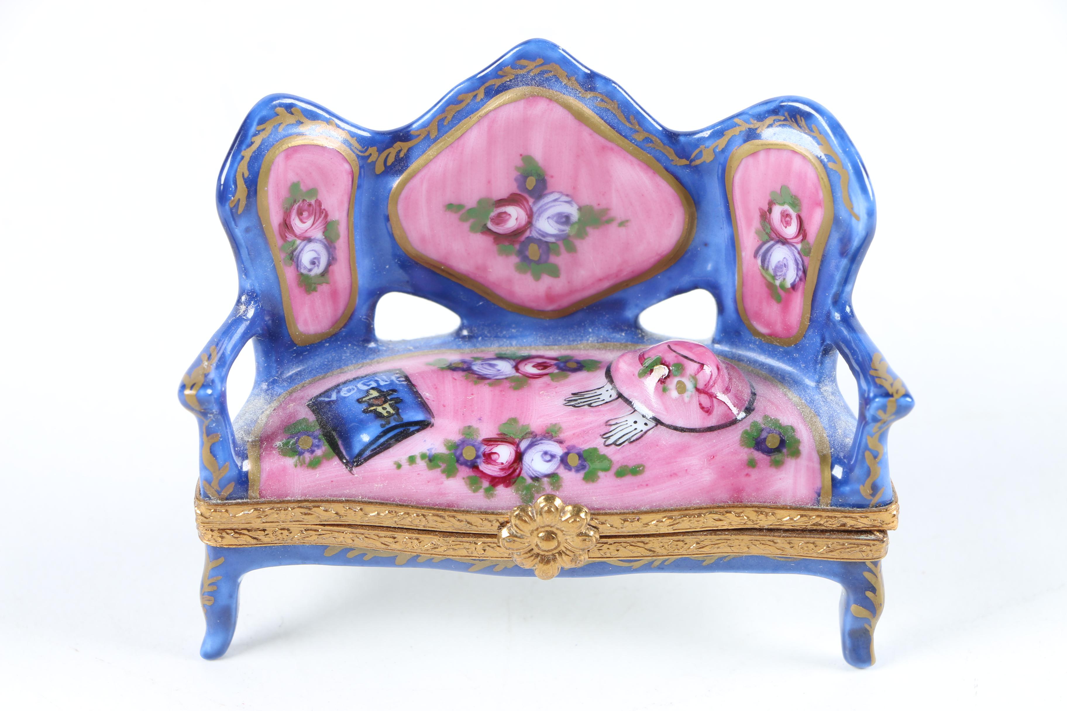 Limoges Hand-Painted Porcelain Settee Trinket Box