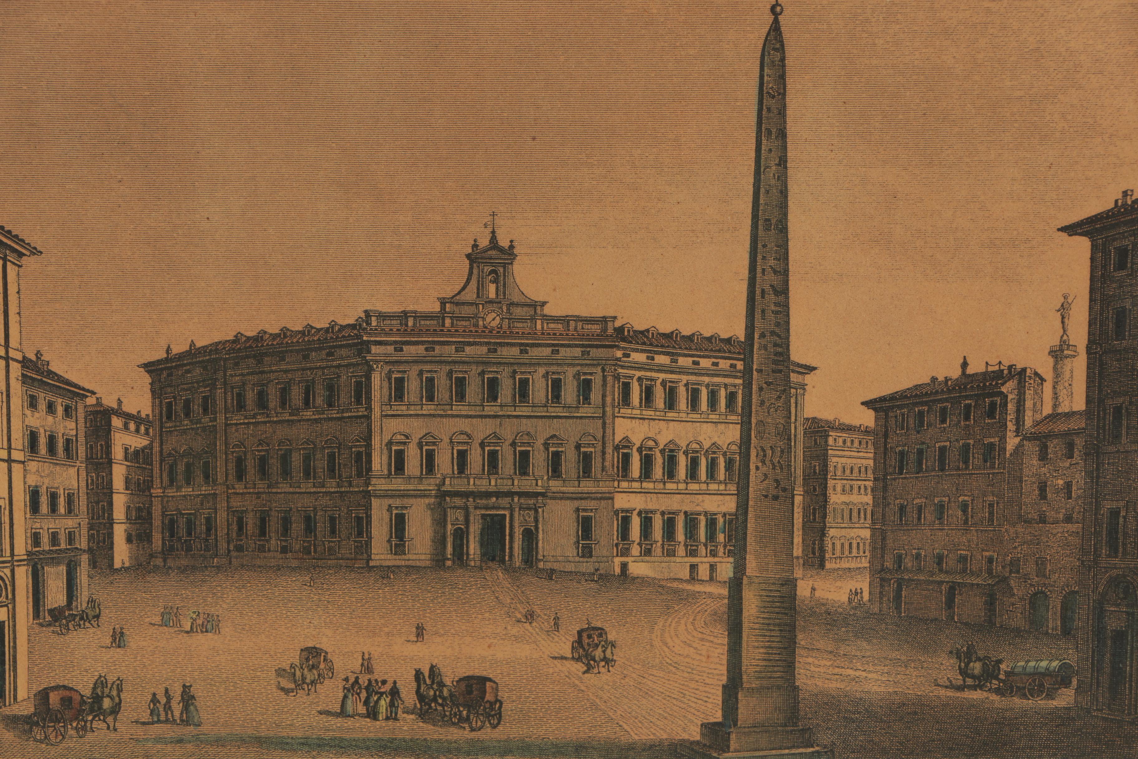 Antique Engravings of Rome's Obelisk of Montecitorio and Palazzo Farnese