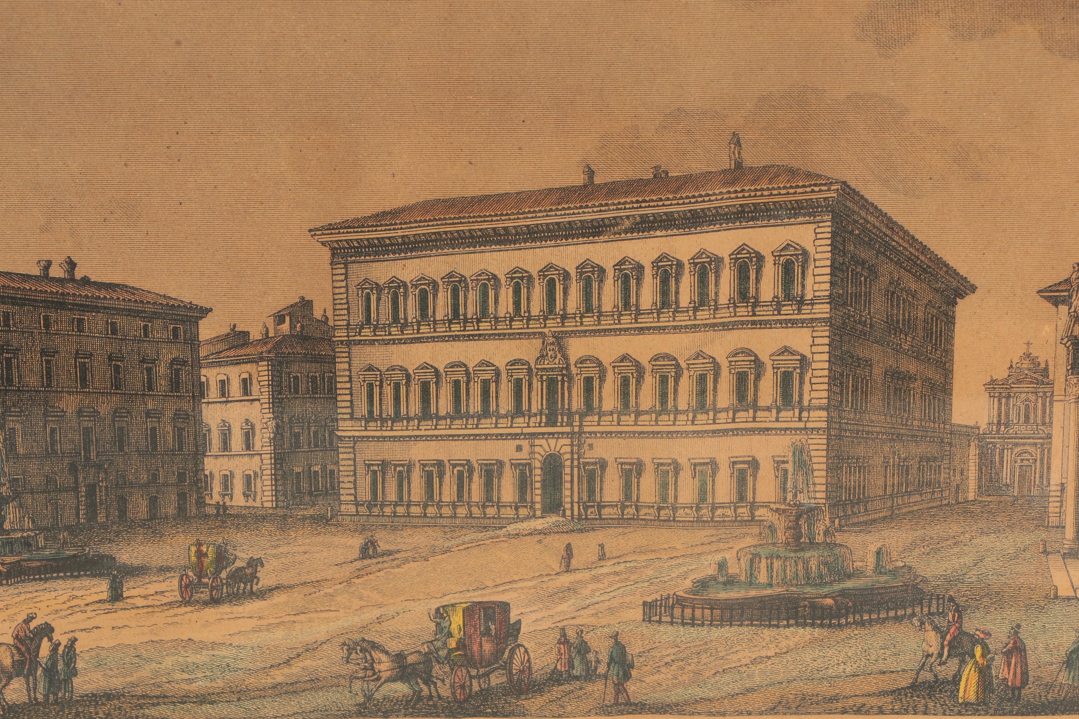 Antique Engravings of Rome's Obelisk of Montecitorio and Palazzo Farnese