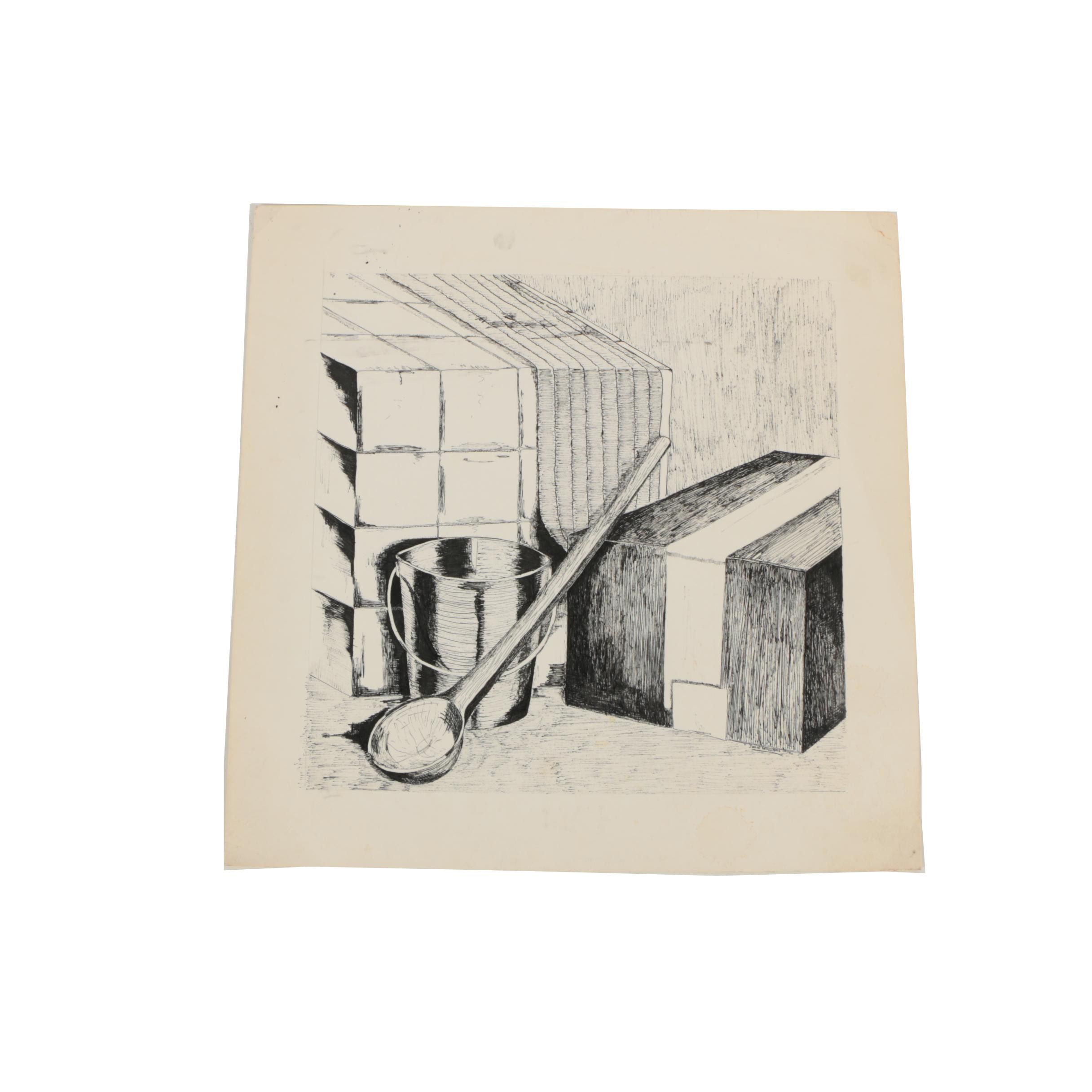 Julie Williams 1976 Ink Drawing of Still Life with Spoon and Bucket
