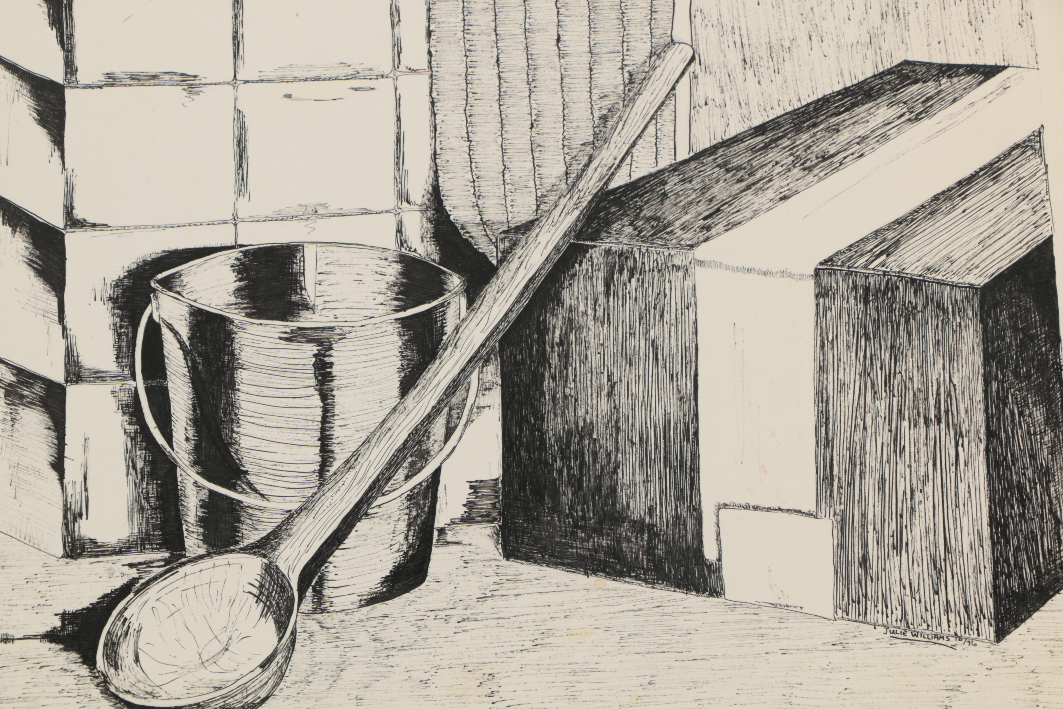 Julie Williams 1976 Ink Drawing of Still Life with Spoon and Bucket