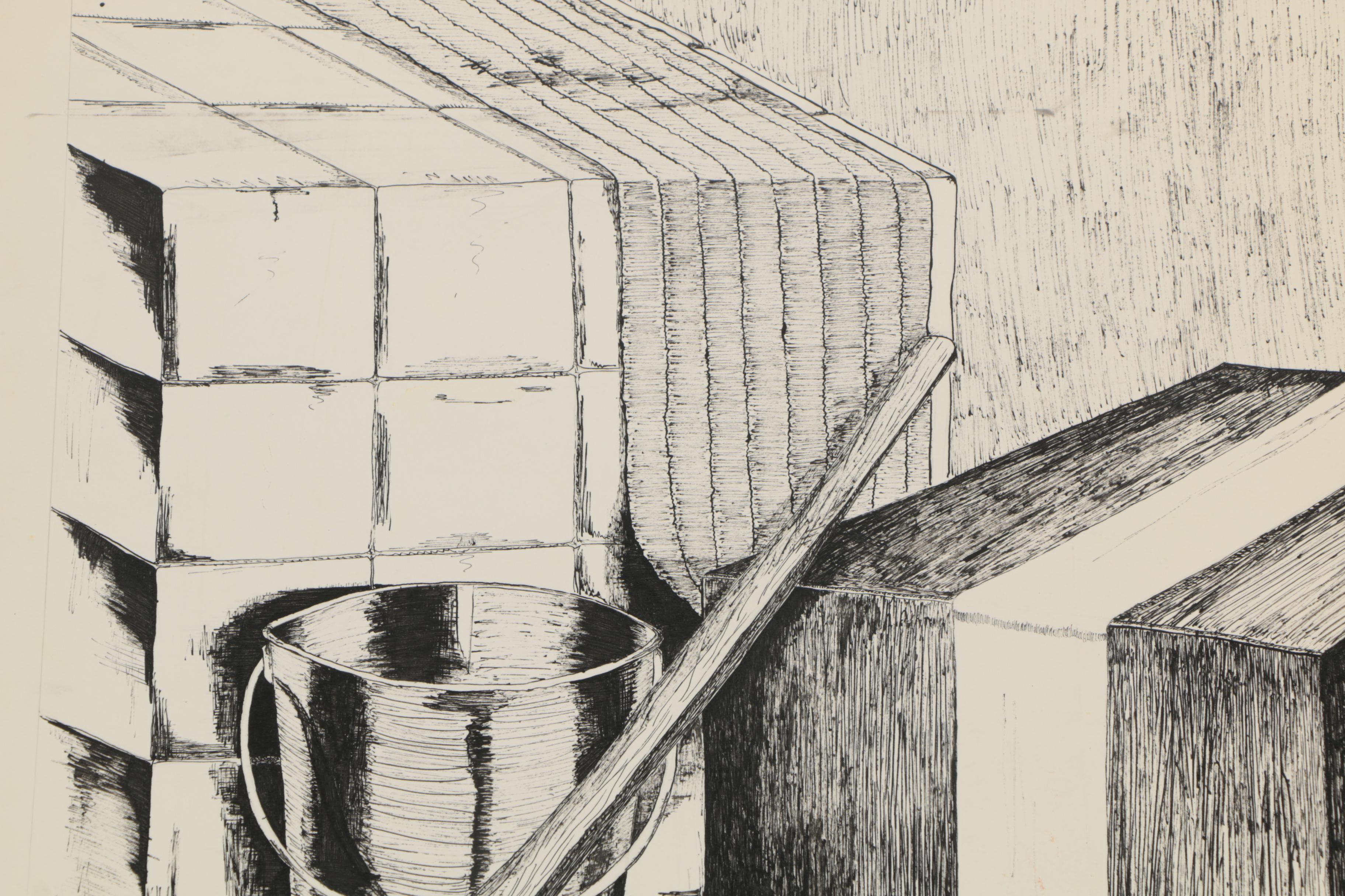 Julie Williams 1976 Ink Drawing of Still Life with Spoon and Bucket