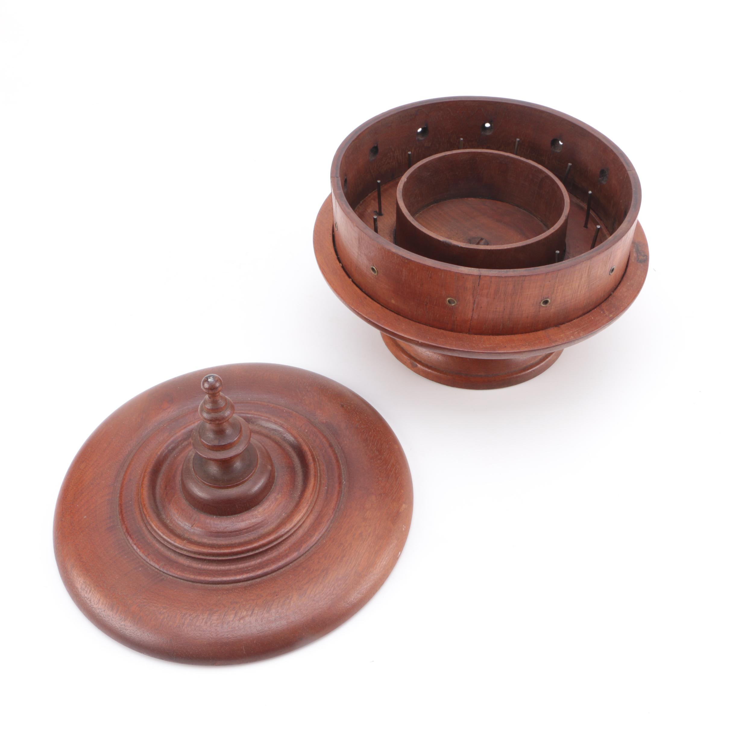 Vintage Wooden Lidded Thread Holder and Threader for Sewing and Crafts