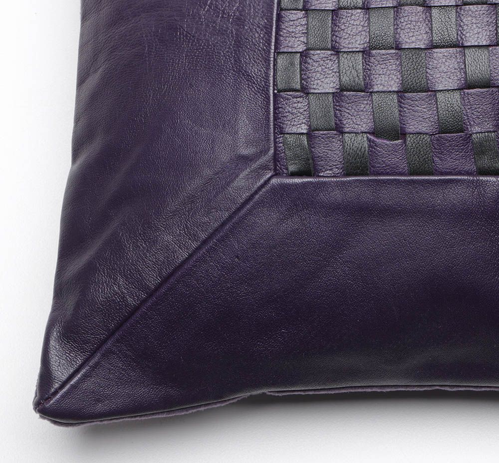 Five Flambro Imports Purple and Black Leather Pillows with Weave Motif Panels