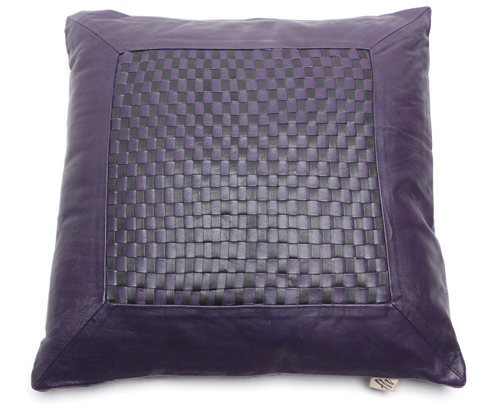 Five Flambro Imports Purple and Black Leather Pillows with Weave Motif Panels