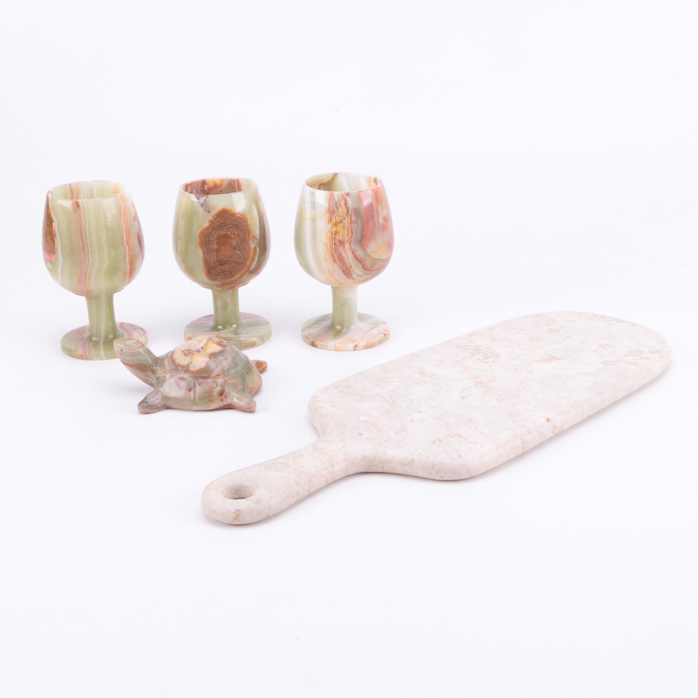 Limestone Board and Banded Calcite Cups and Figurine