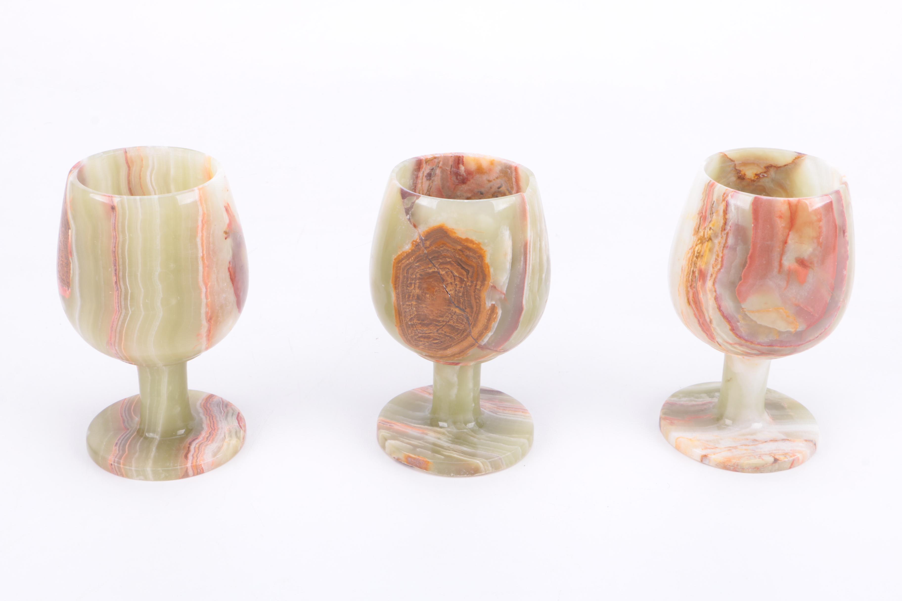 Limestone Board and Banded Calcite Cups and Figurine