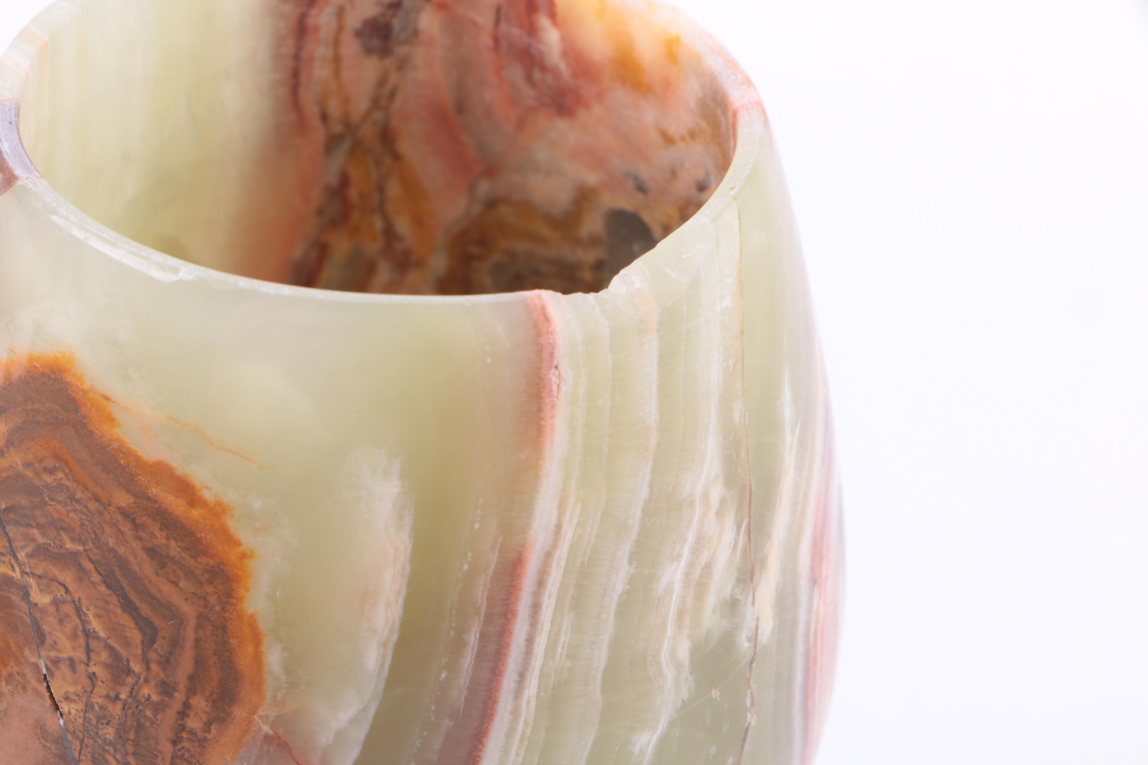 Limestone Board and Banded Calcite Cups and Figurine