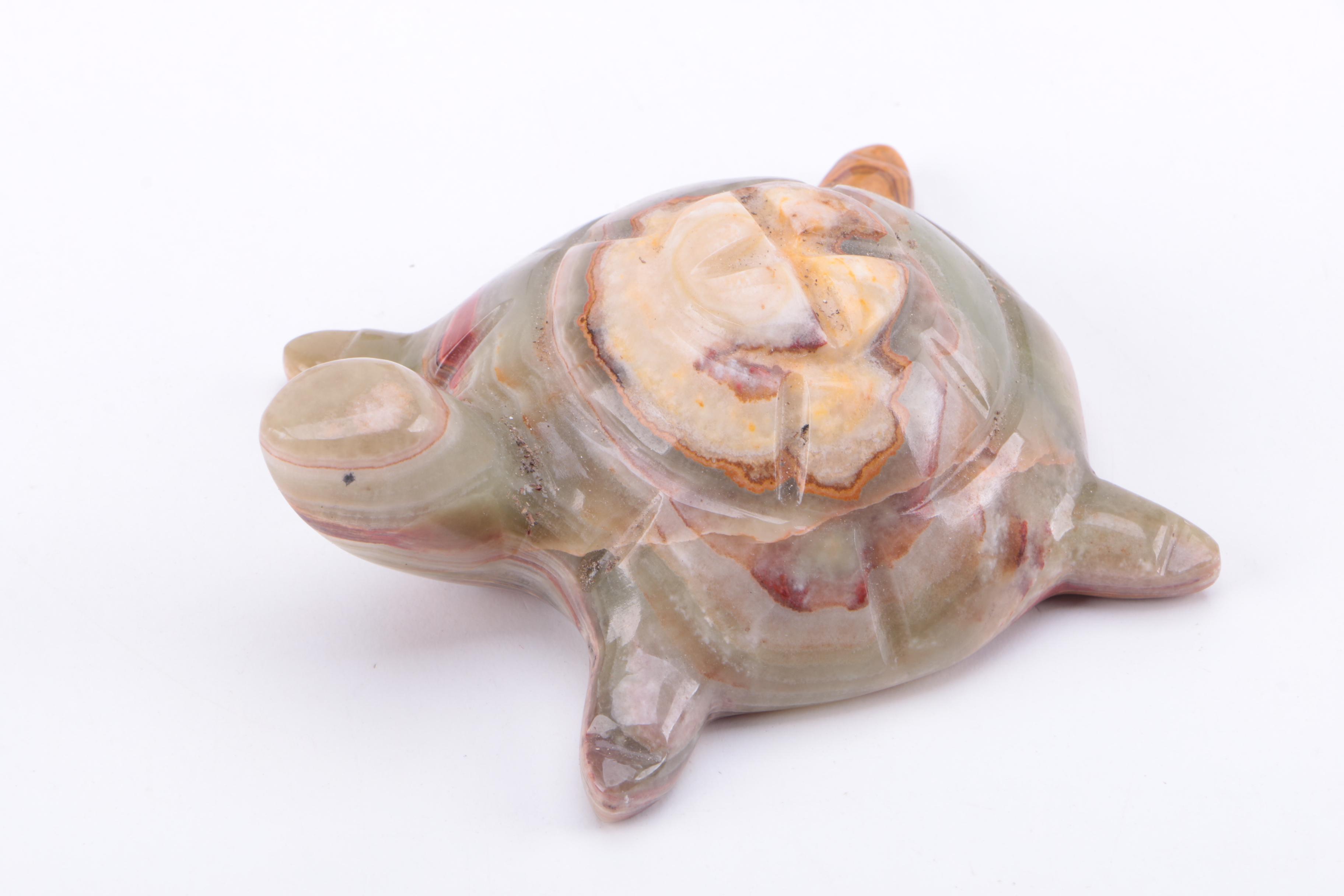 Limestone Board and Banded Calcite Cups and Figurine