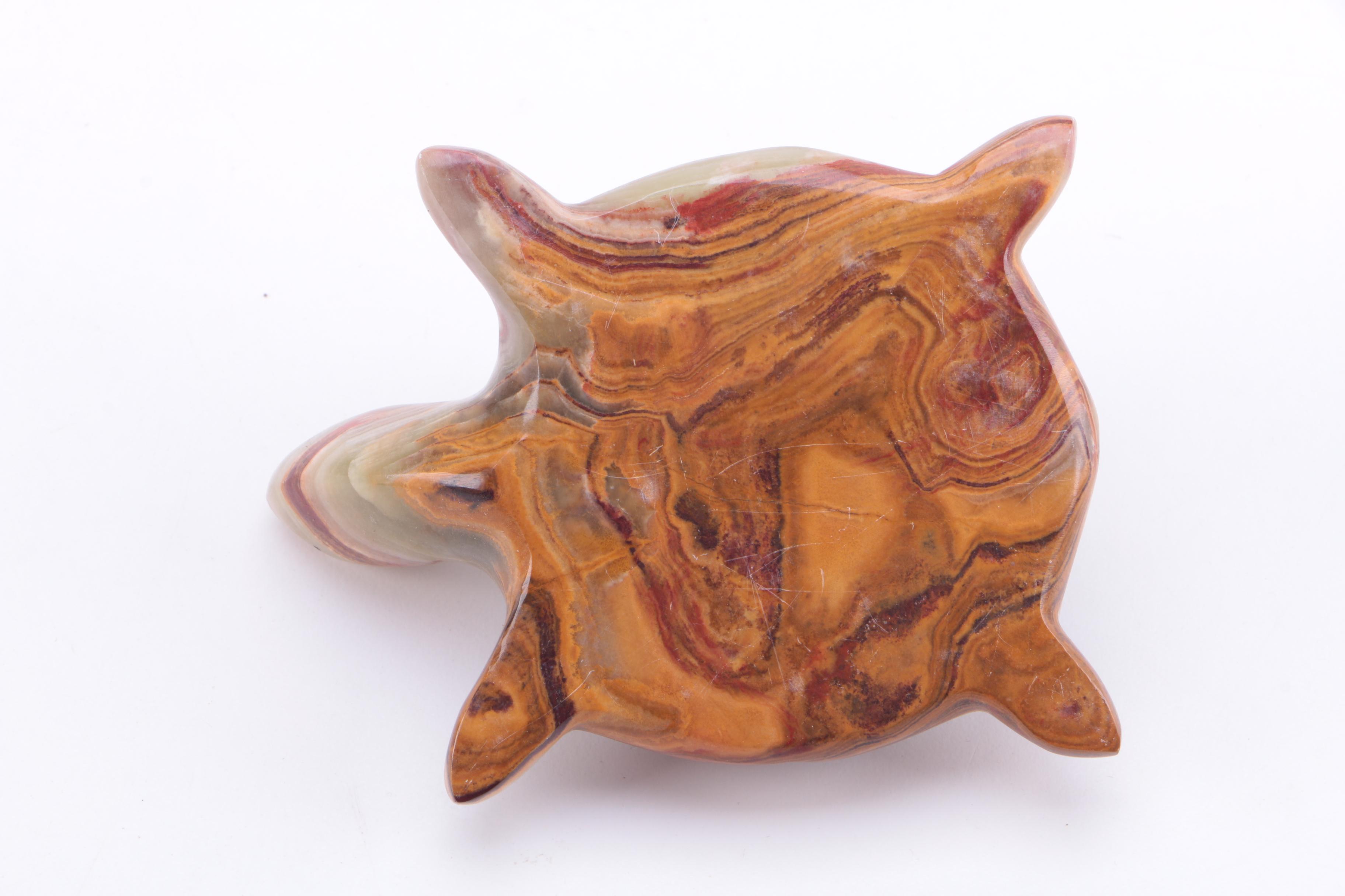 Limestone Board and Banded Calcite Cups and Figurine