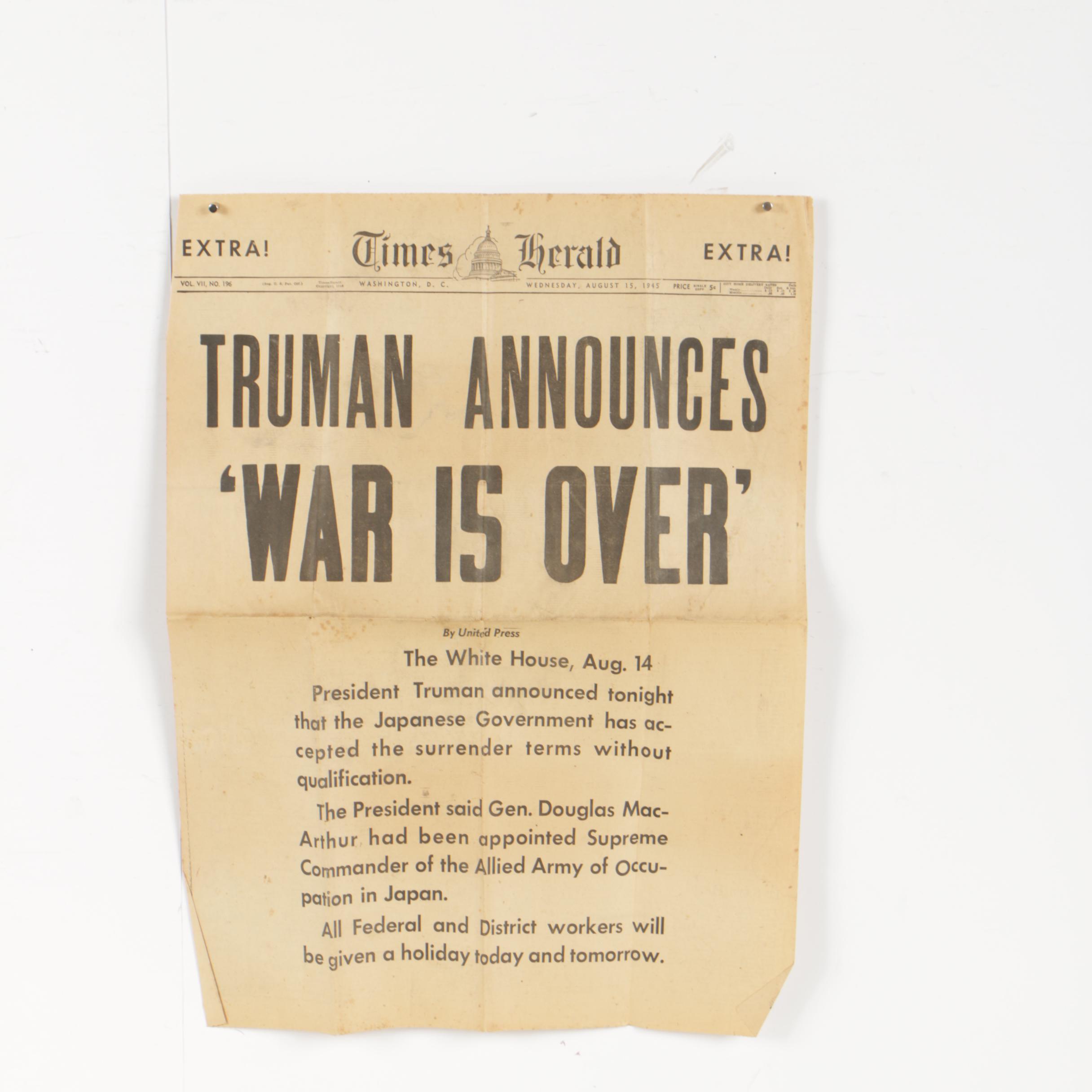 August 15, 1945 "Washington Times-Herald" Front Page with War is Over" Headline
