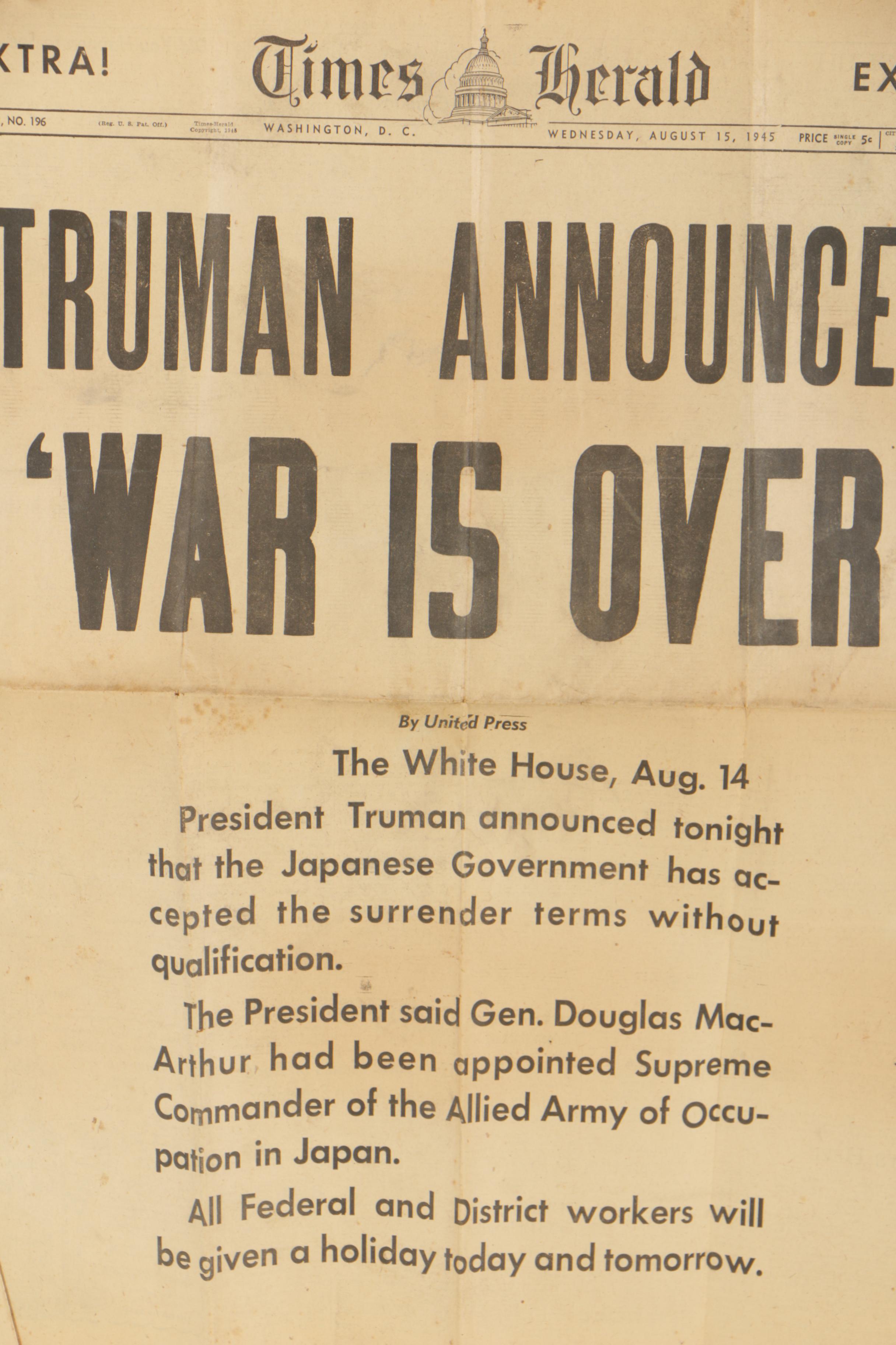 August 15, 1945 "Washington Times-Herald" Front Page with War is Over" Headline