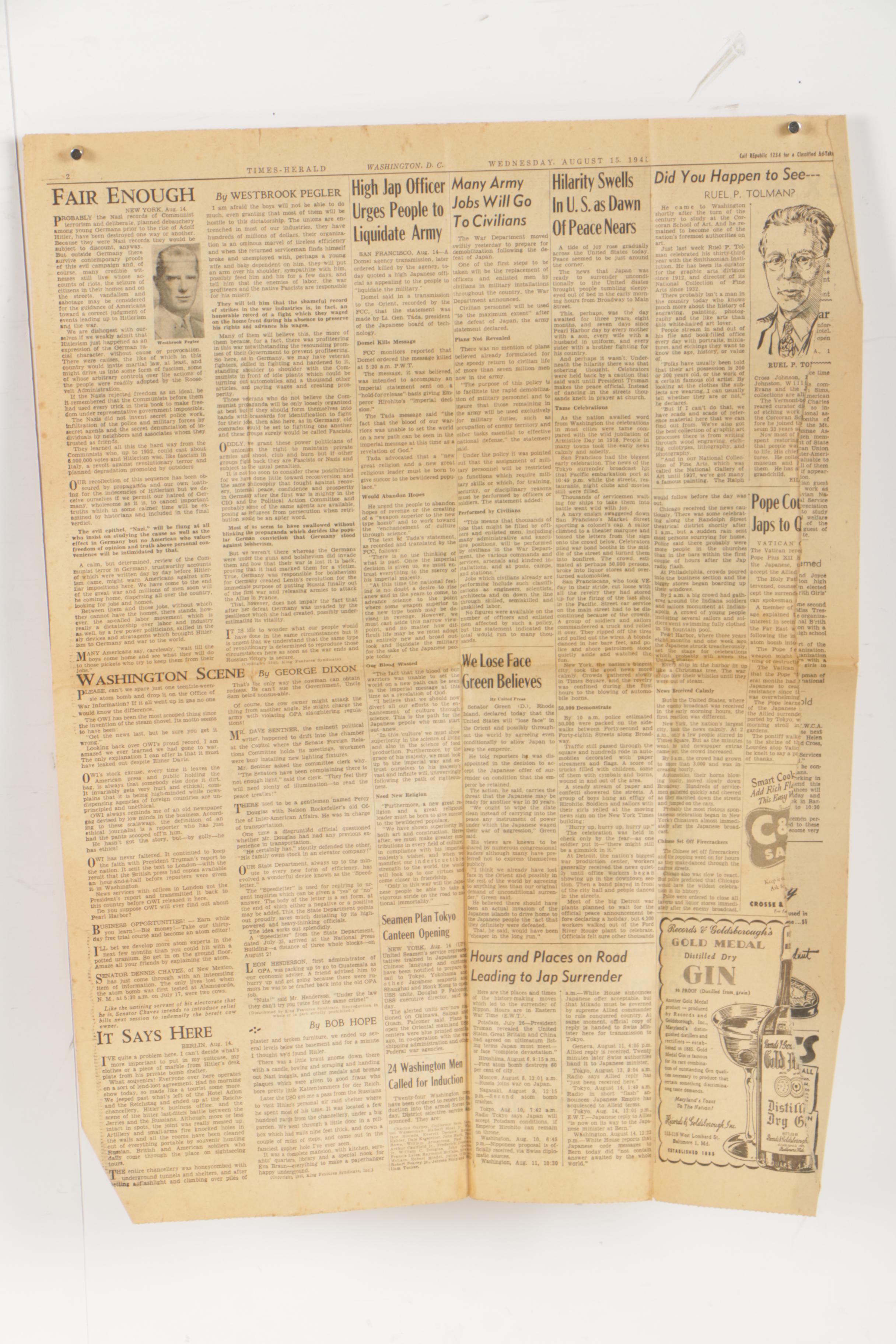 August 15, 1945 "Washington Times-Herald" Front Page with War is Over" Headline