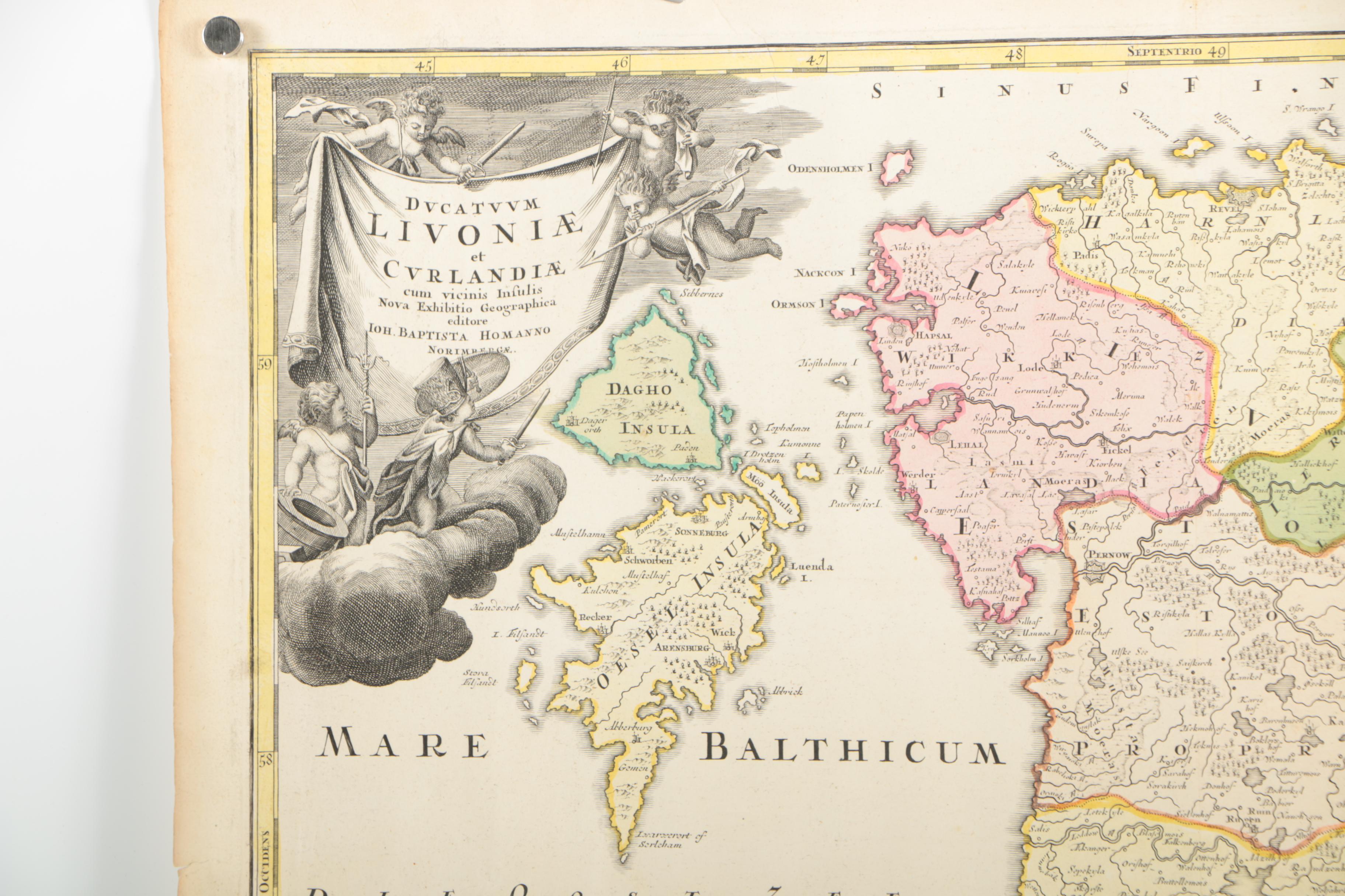 Engraving of Atlas Map of Baltic States and Engraving of World Flags