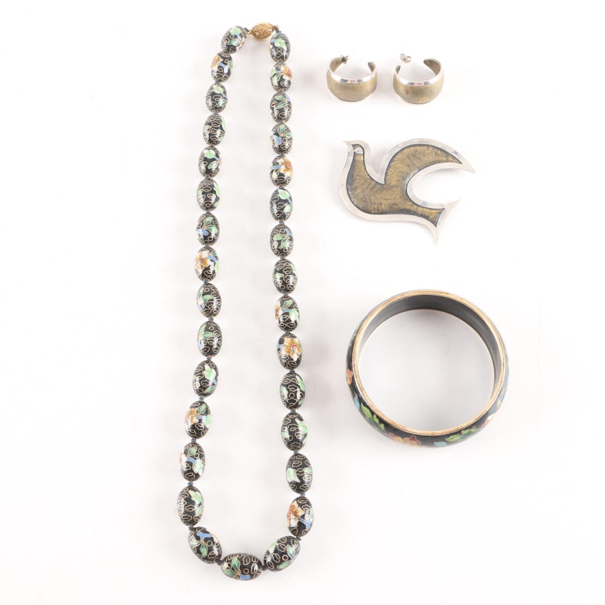 Cloisonne Enamel Bracelet and Necklace Including James Avery Brooch and Earrings