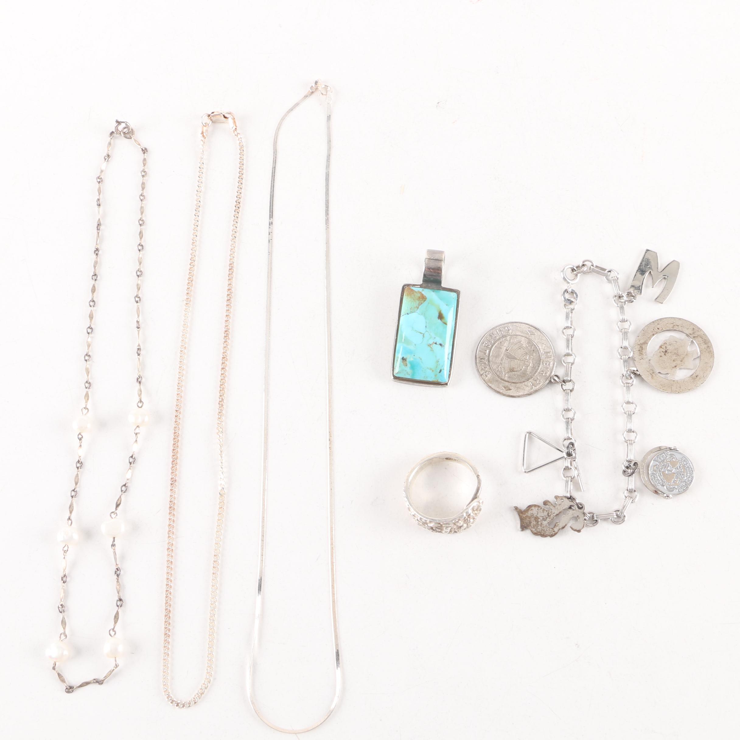 Sterling Silver Jewelry Collection Including Turquoise and Cultured Pearls