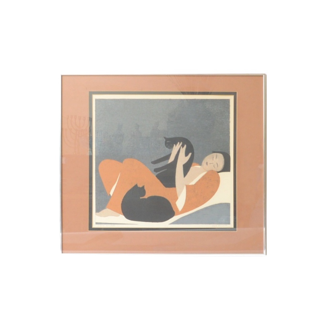 Will Barnet Limited Edition Lithograph on Paper "Woman and Cats"