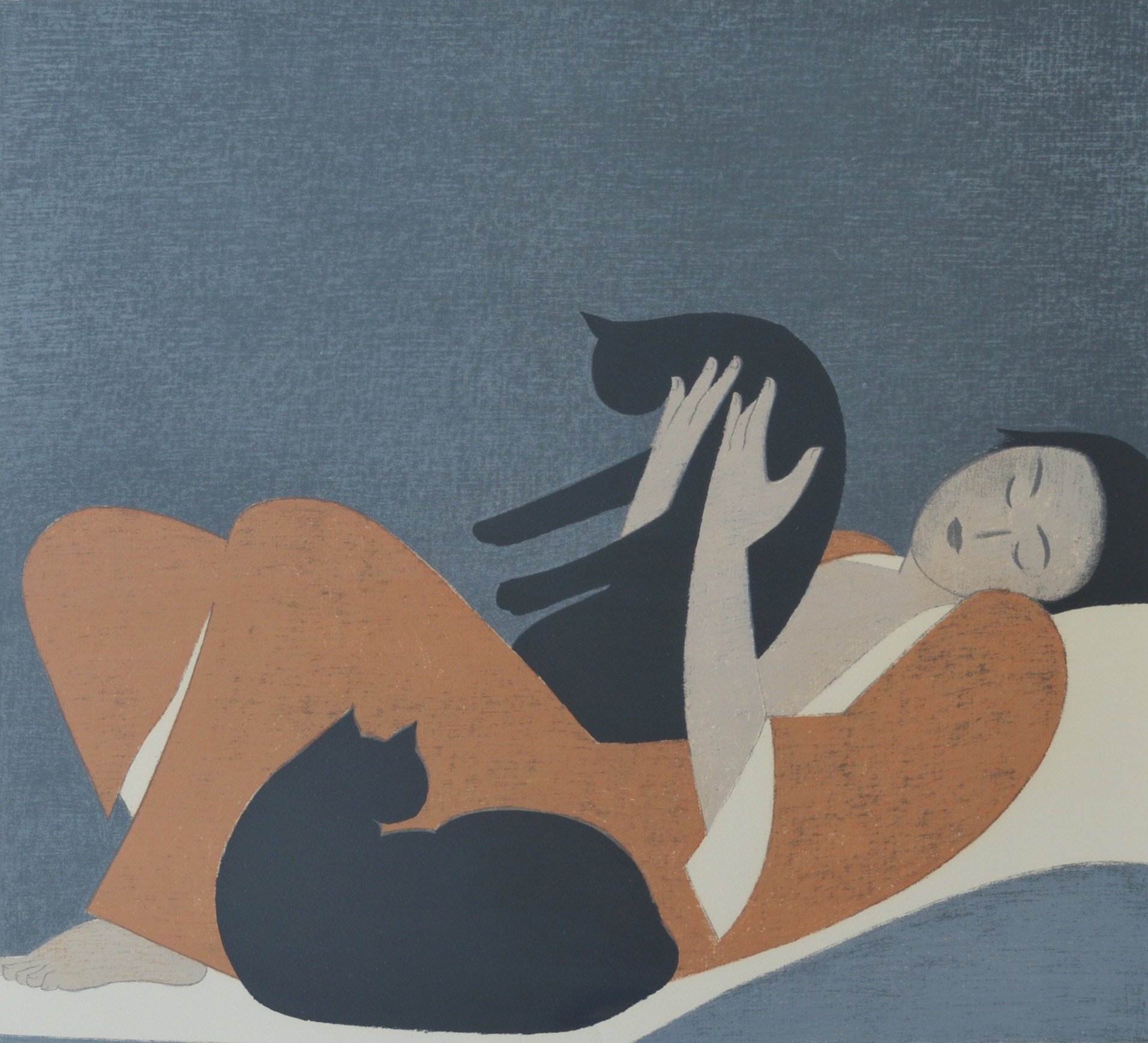 Will Barnet Limited Edition Lithograph on Paper "Woman and Cats"