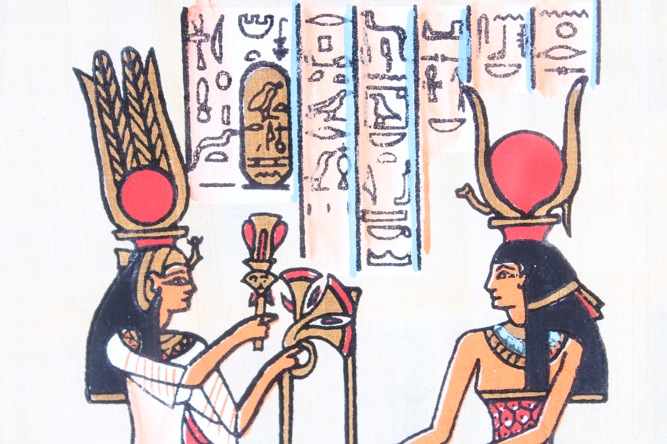 Reproduction of Ancient Egyptian Goddess Isis and Queen Nefertari on Papyrus