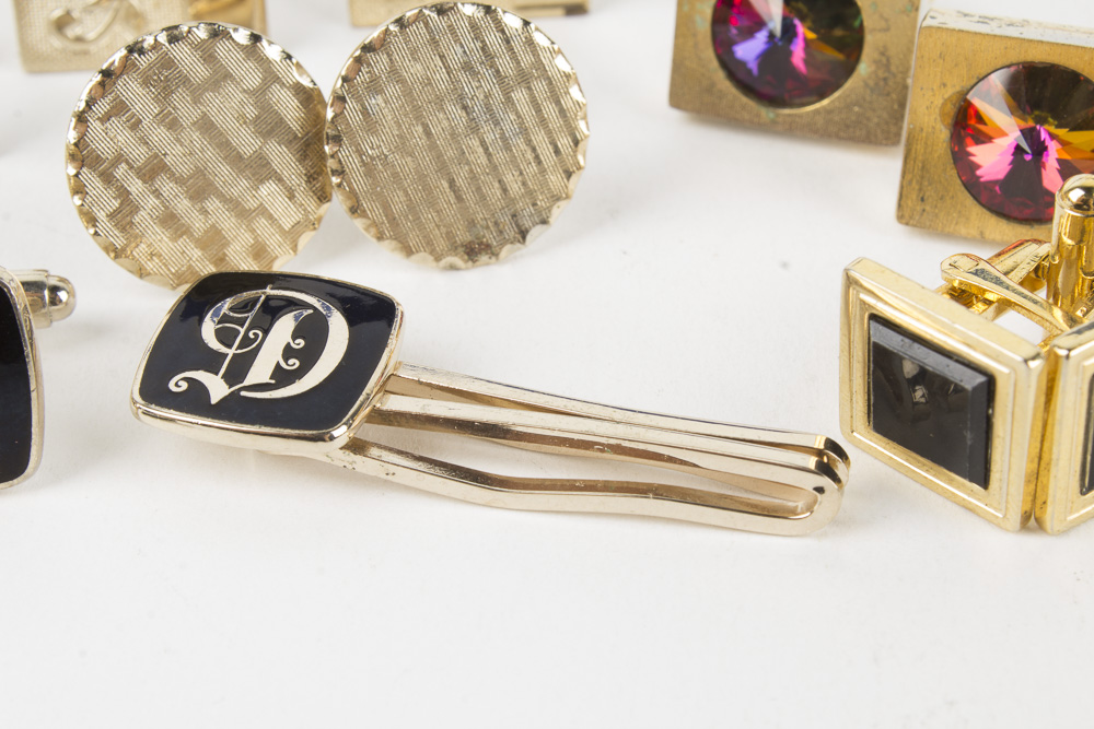 Collection of Cufflinks, Tie Clips, and Money Clip