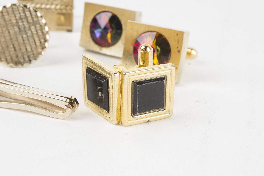 Collection of Cufflinks, Tie Clips, and Money Clip