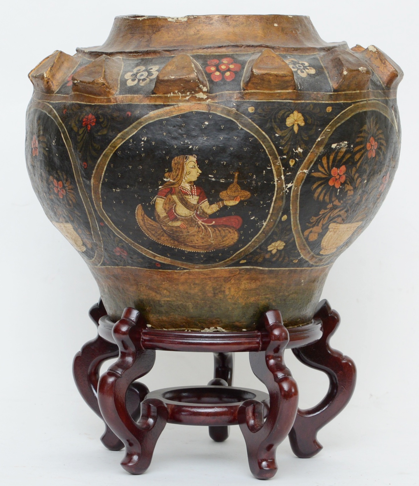 Vintage Indian Style Papier-mâché Urn with Wood Stand