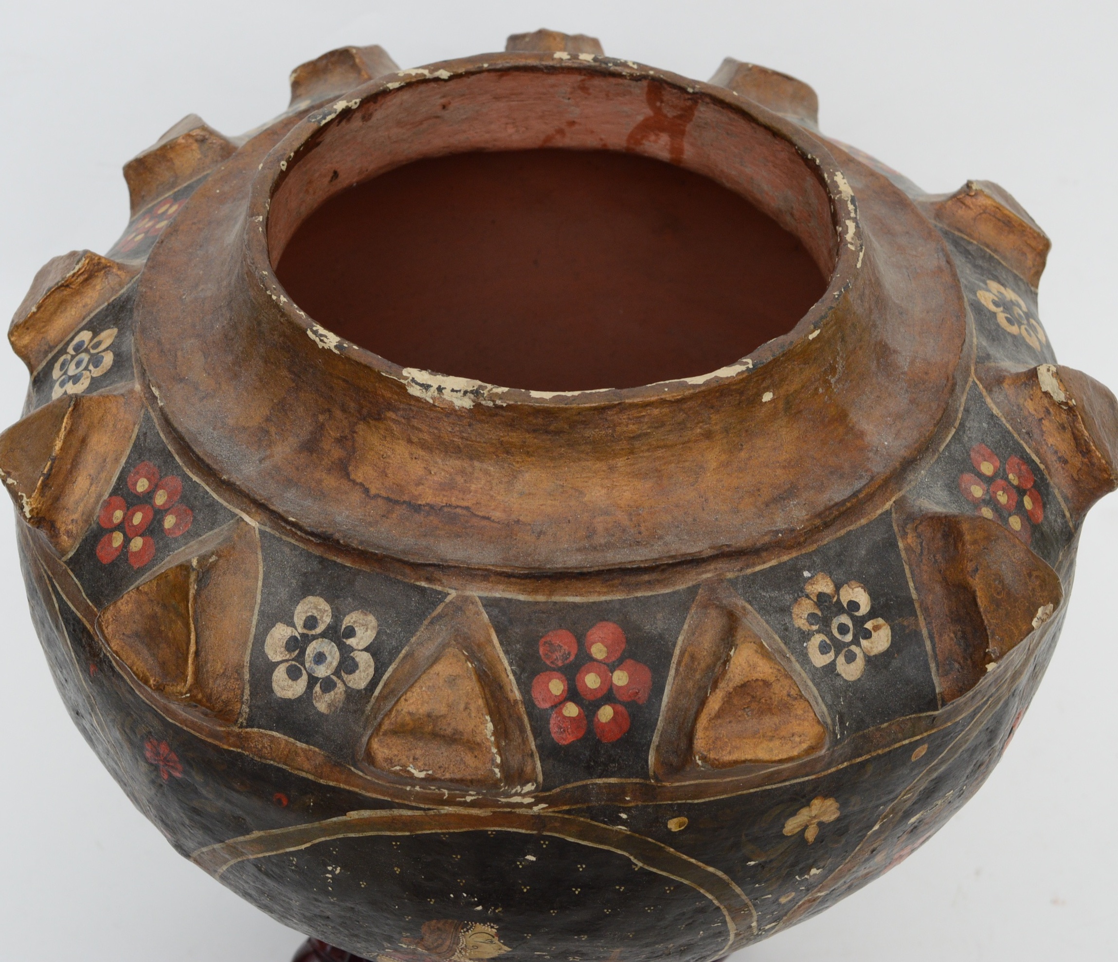 Vintage Indian Style Papier-mâché Urn with Wood Stand