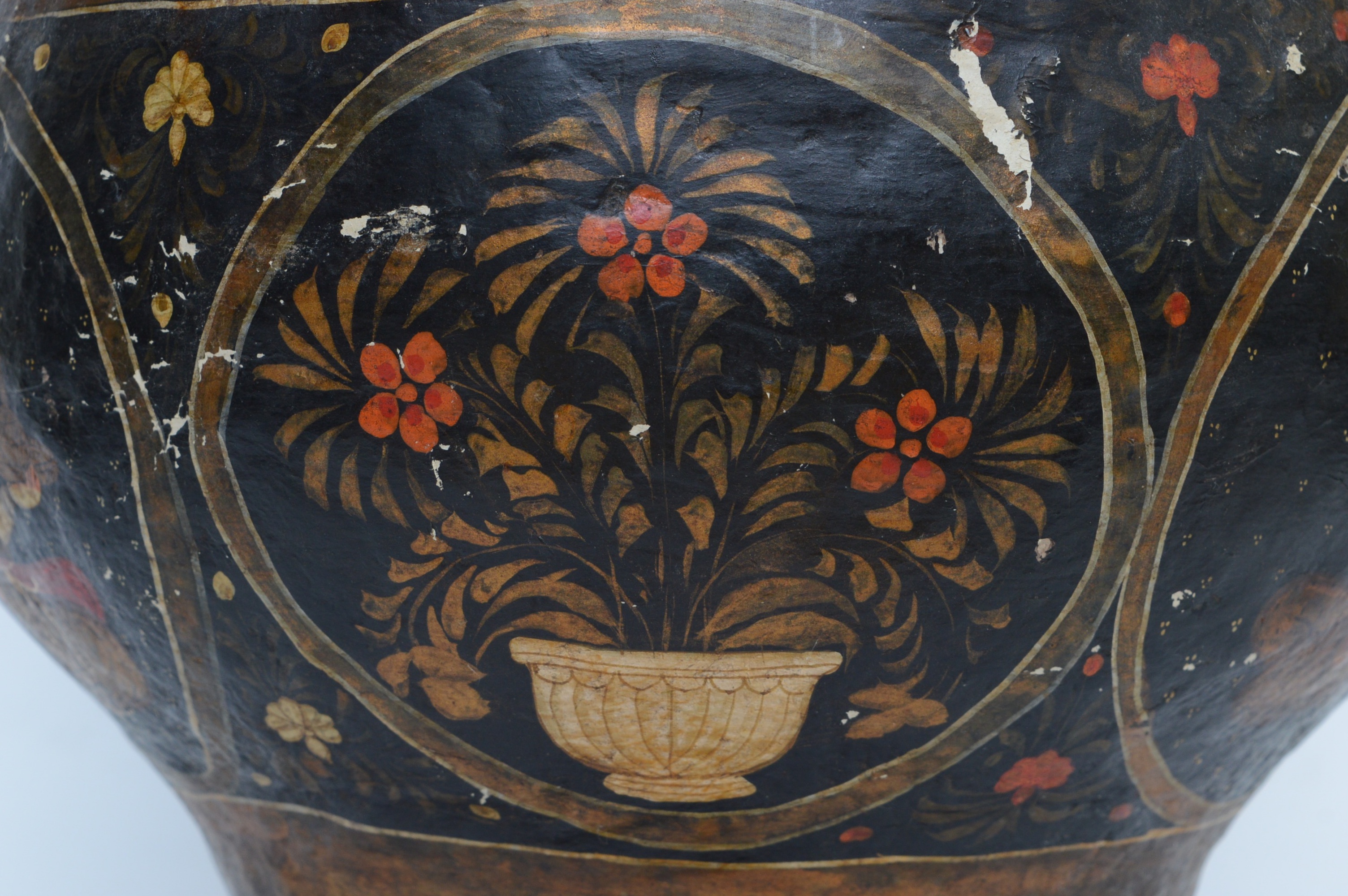 Vintage Indian Style Papier-mâché Urn with Wood Stand