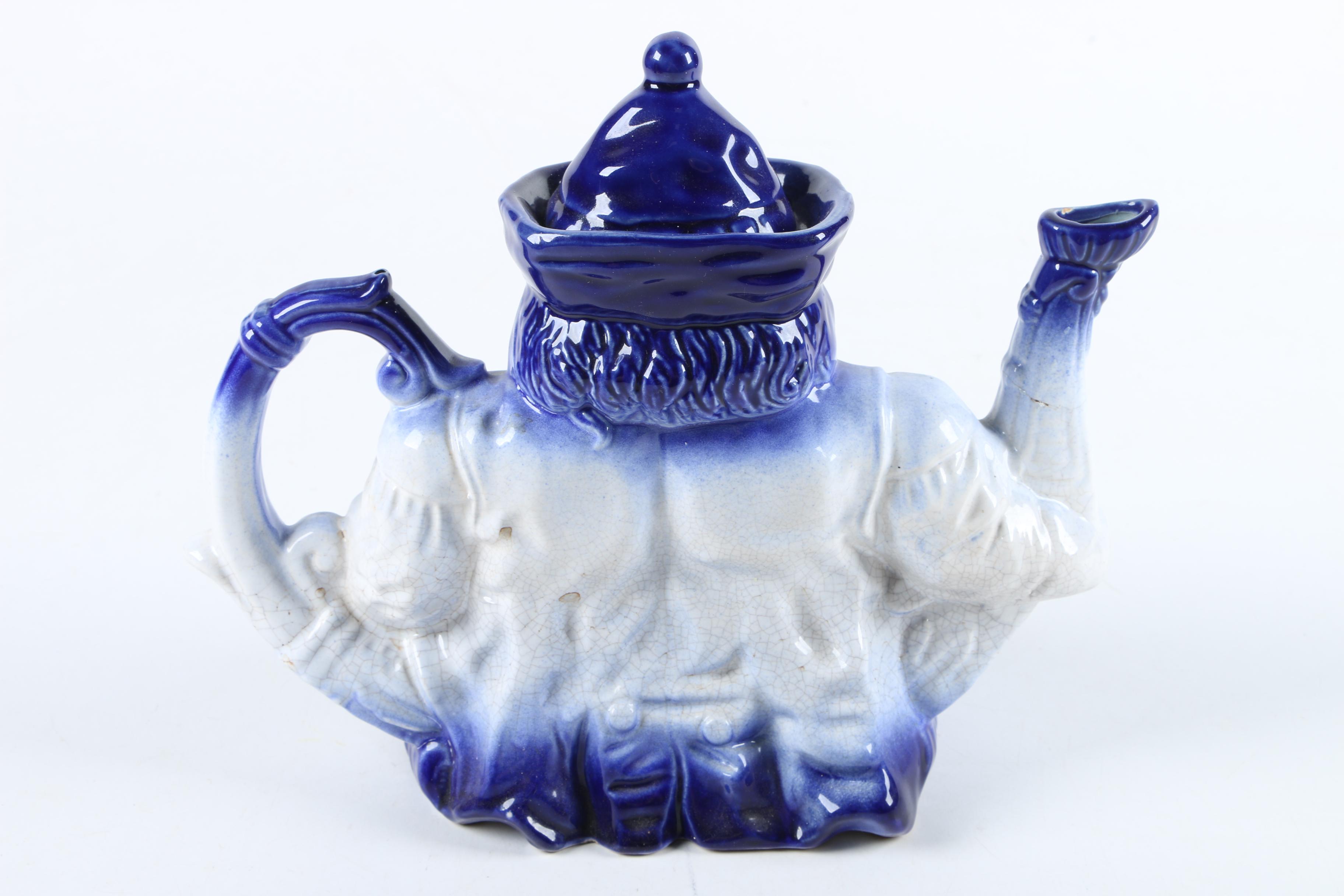 18th Century Flow Blue Toby Character Teapot