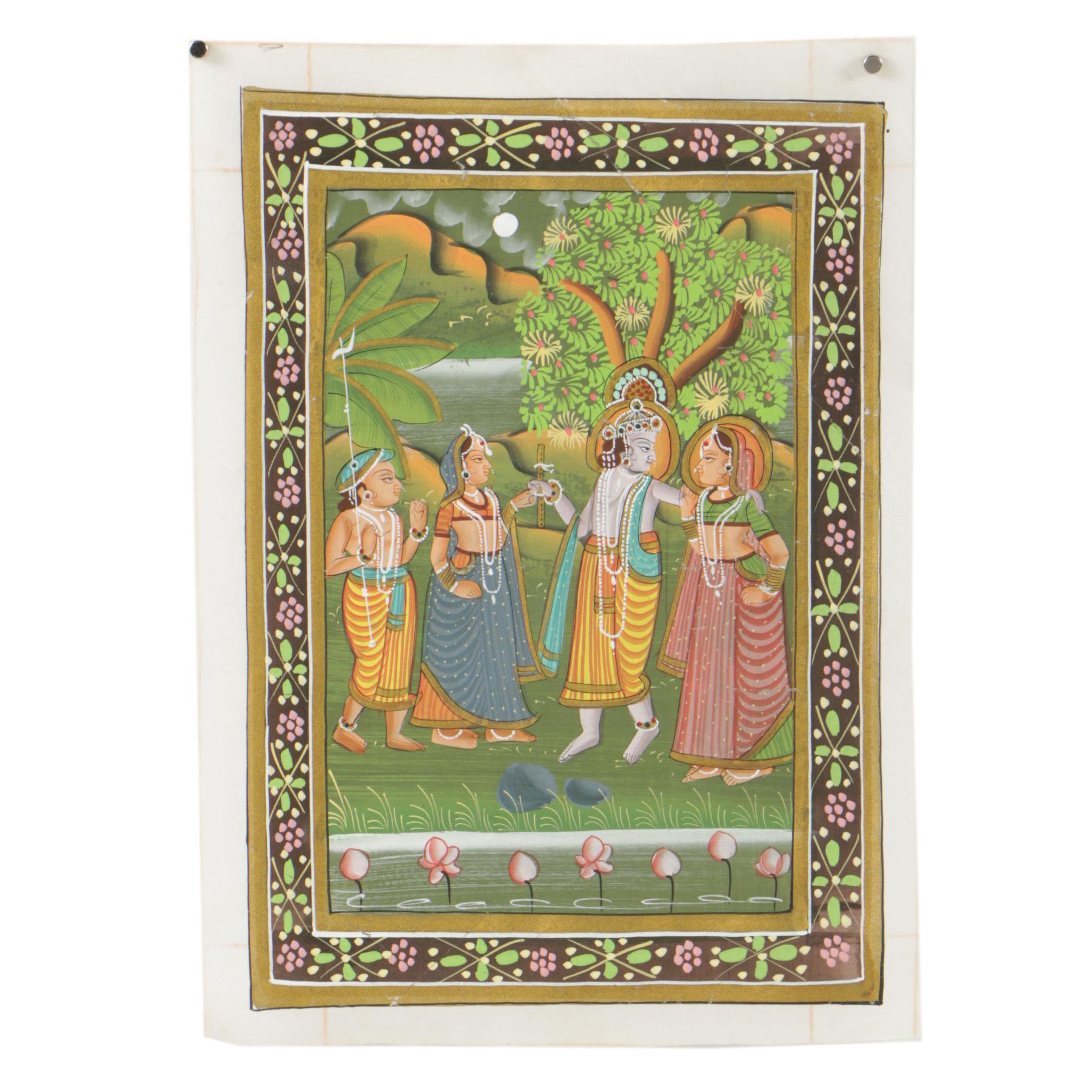 Indian Gouache Painting of Krishna and Radha