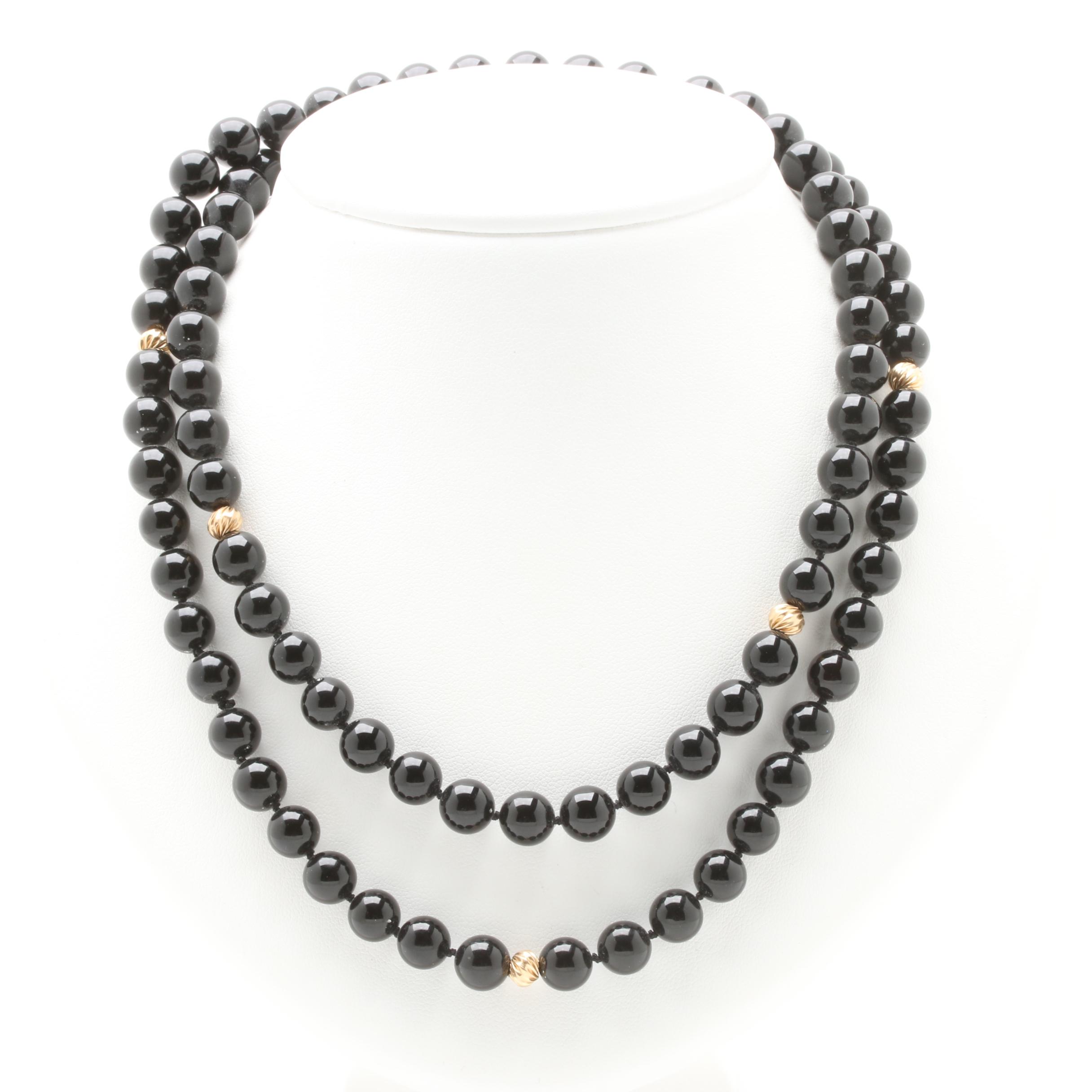 14K Yellow Gold Black Onyx Beaded Necklace