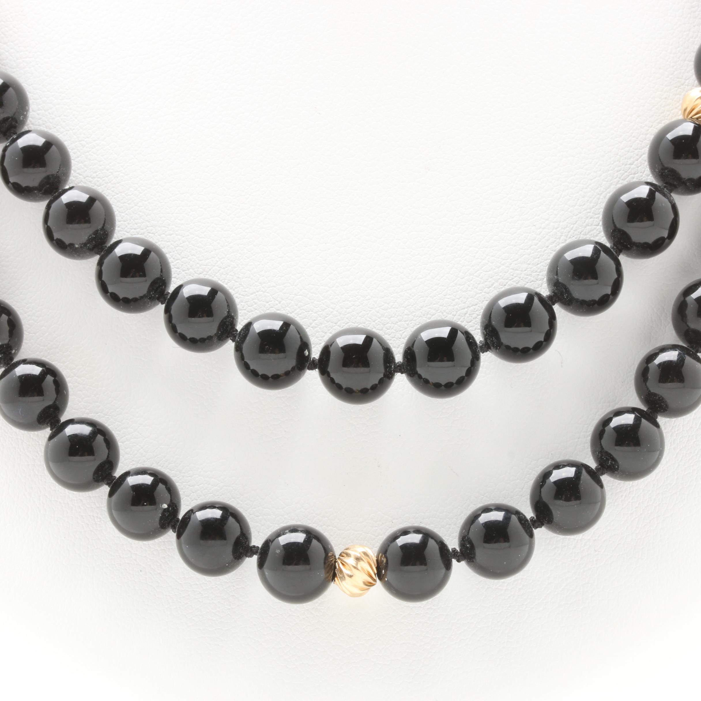 14K Yellow Gold Black Onyx Beaded Necklace