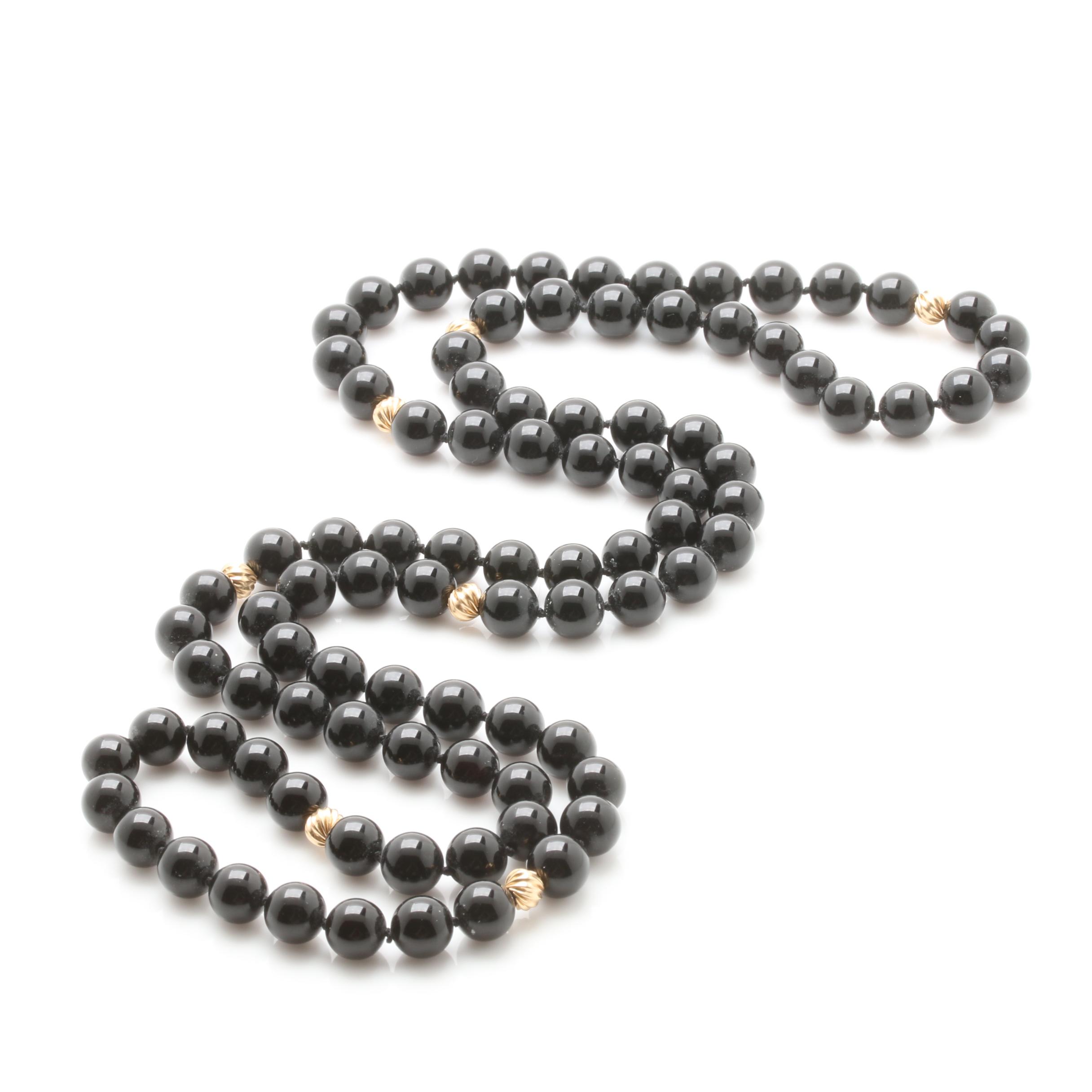 14K Yellow Gold Black Onyx Beaded Necklace
