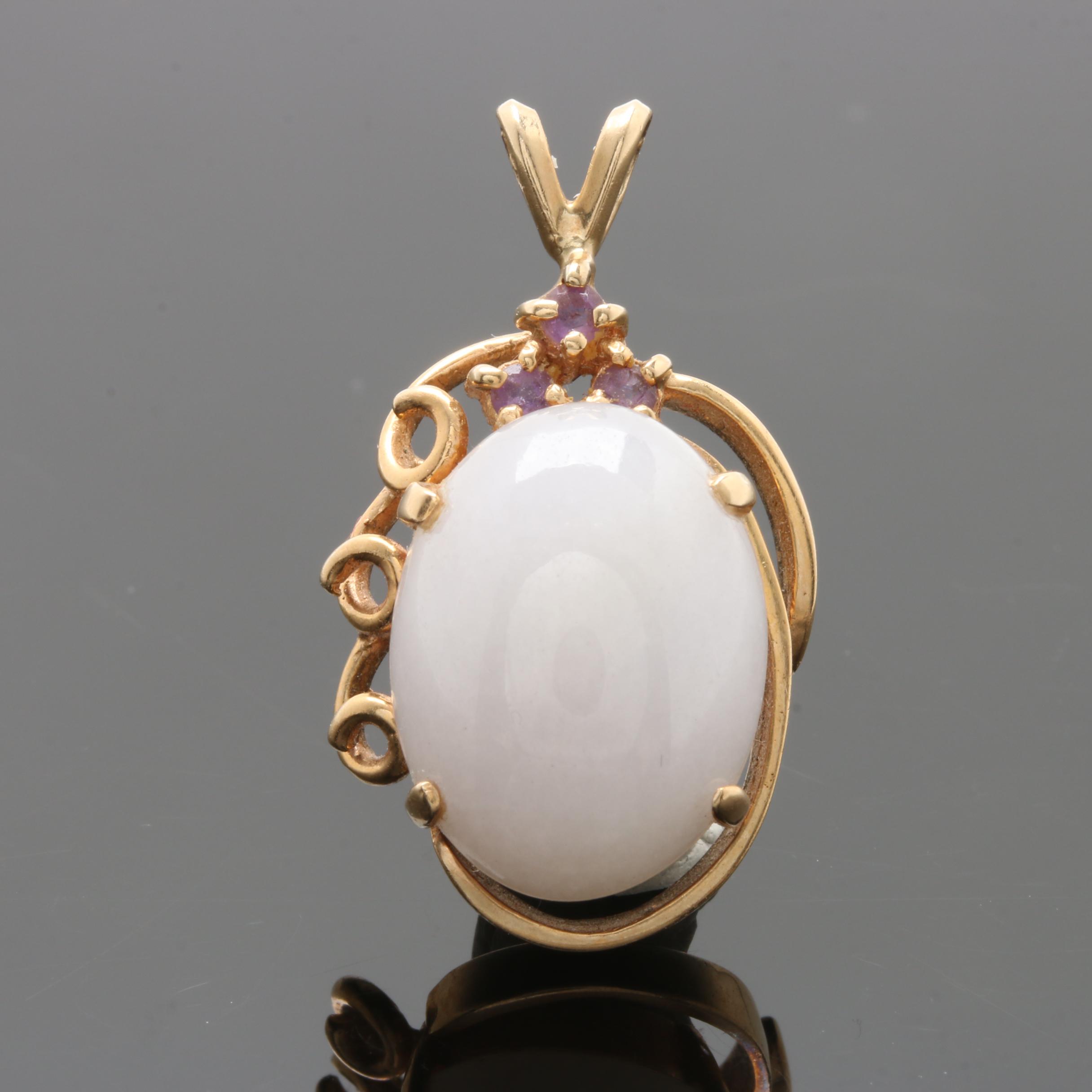 14K Yellow Gold Jadeite and Amethyst Pendant